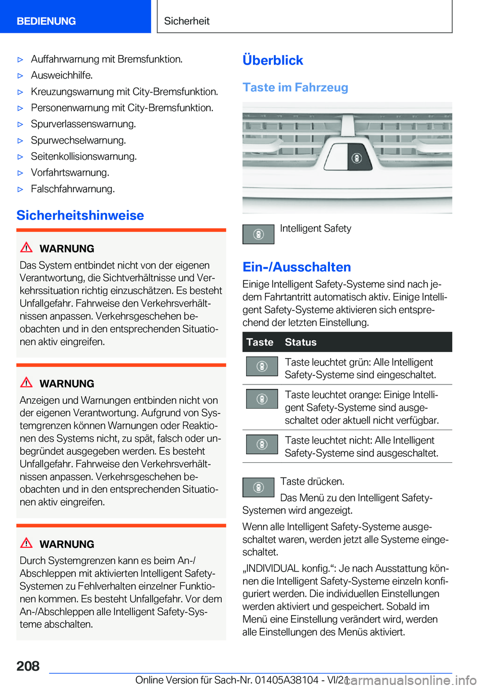 BMW 5 SERIES 2022  Betriebsanleitungen (in German) x�A�u�f�f�a�h�r�w�a�r�n�u�n�g��m�i�t��B�r�e�m�s�f�u�n�k�t�i�o�n�.x�A�u�s�w�e�i�c�h�h�i�l�f�e�.x�K�r�e�u�z�u�n�g�s�w�a�r�n�u�n�g��m�i�t��C�i�t�y�-�B�r�e�m�s�f�u�n�k�t�i�o�n�.x�P�e�r�s�o�n�e�n�w