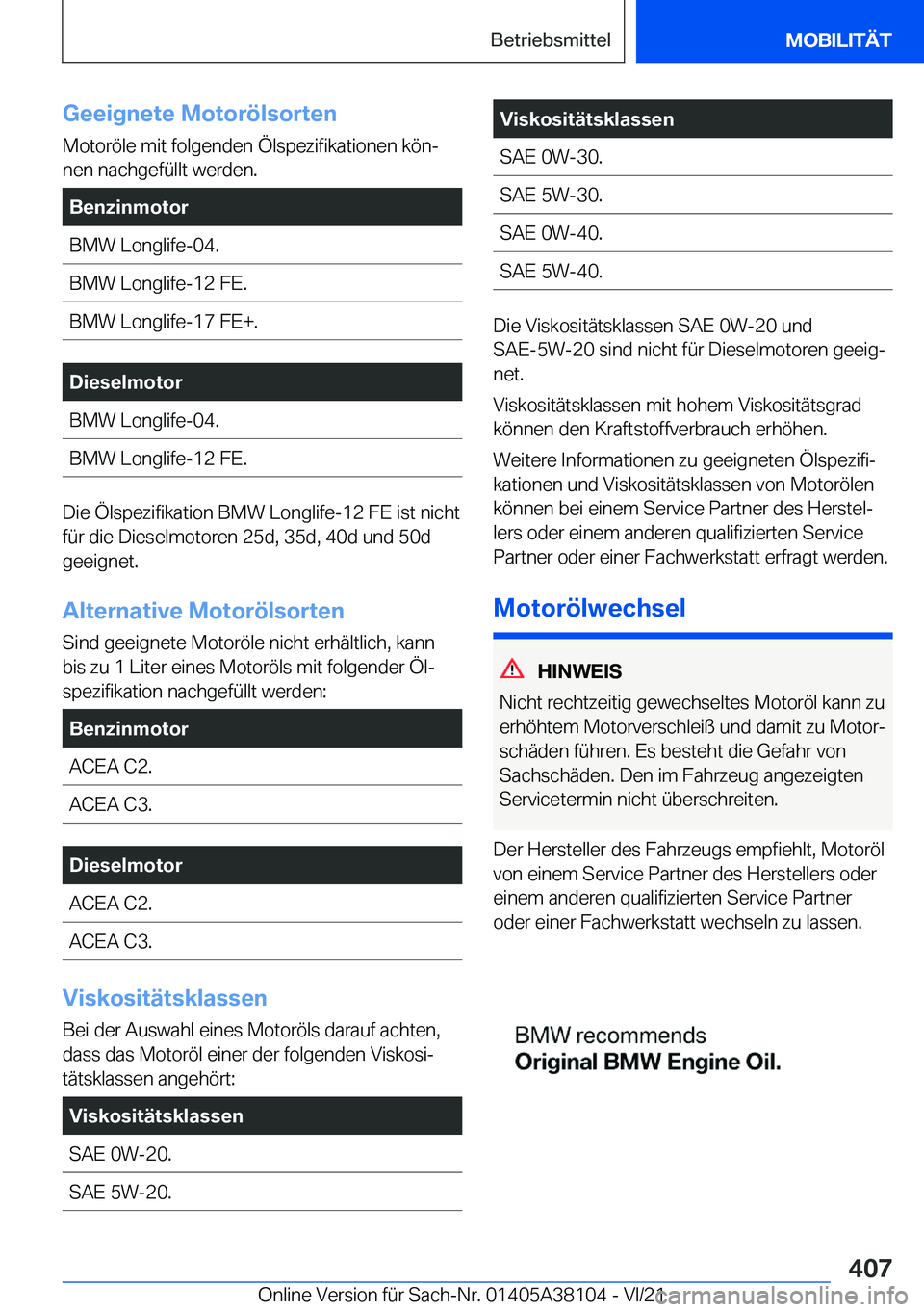 BMW 5 SERIES 2022  Betriebsanleitungen (in German) �G�e�e�i�g�n�e�t�e��M�o�t�o�r�