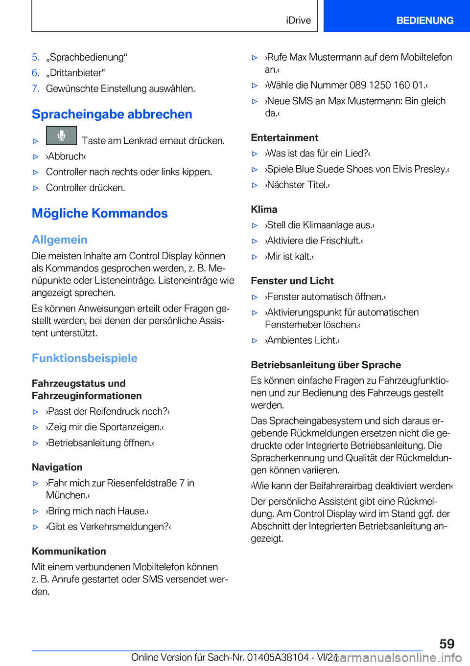 BMW 5 SERIES 2022  Betriebsanleitungen (in German) �5�.x�S�p�r�a�c�h�b�e�d�i�e�n�u�n�gv�6�.x�D�r�i�t�t�a�n�b�i�e�t�e�rv�7�.�G�e�w�