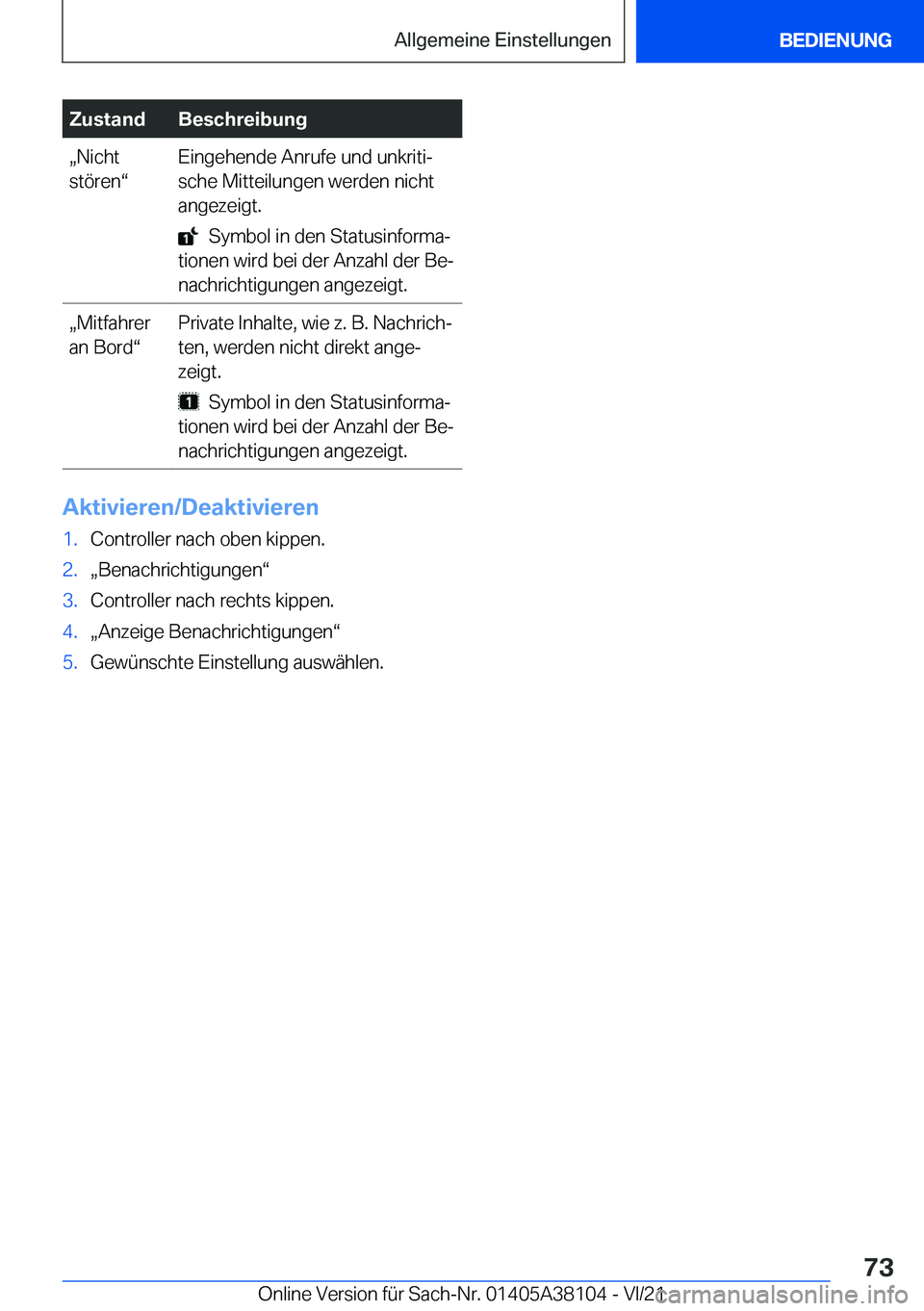BMW 5 SERIES 2022  Betriebsanleitungen (in German) �Z�u�s�t�a�n�d�B�e�s�c�h�r�e�i�b�u�n�gx�N�i�c�h�t
�s�t�
