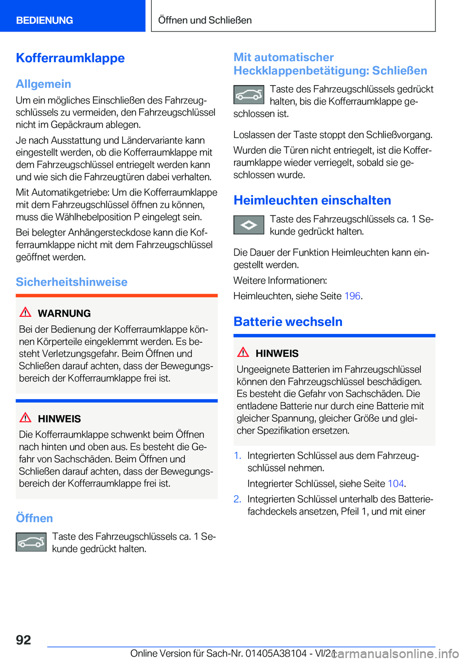 BMW 5 SERIES 2022  Betriebsanleitungen (in German) �K�o�f�f�e�r�r�a�u�m�k�l�a�p�p�e�A�l�l�g�e�m�e�i�n�U�m��e�i�n��m�