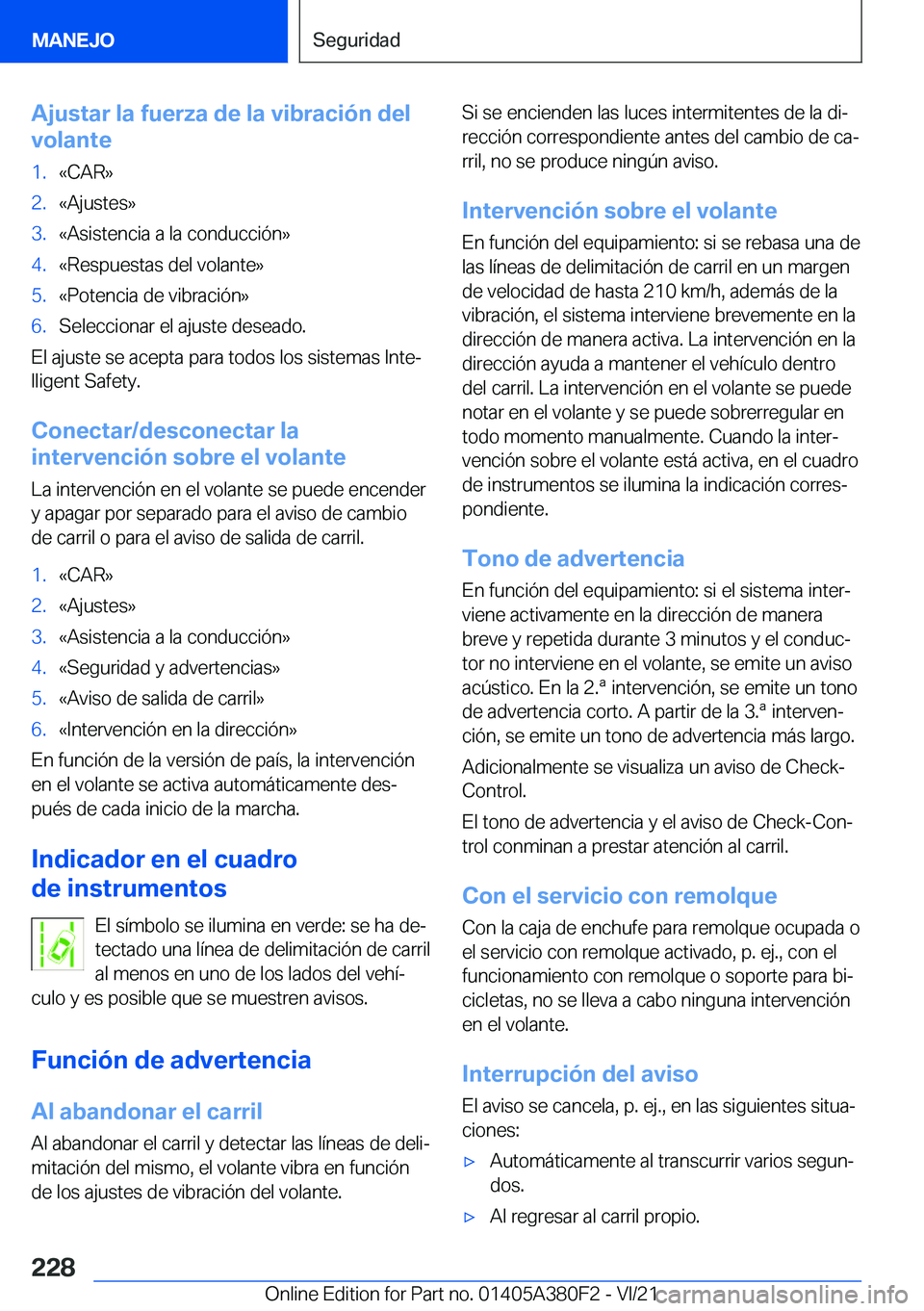 BMW 5 SERIES 2022  Manuales de Empleo (in Spanish) �A�j�u�s�t�a�r��l�a��f�u�e�r�z�a��d�e��l�a��v�i�b�r�a�c�i�