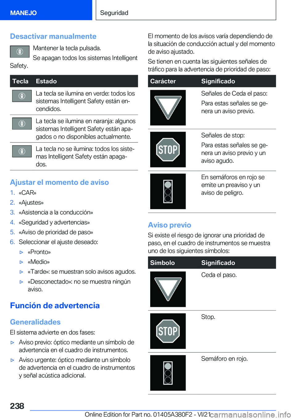 BMW 5 SERIES 2022  Manuales de Empleo (in Spanish) �D�e�s�a�c�t�i�v�a�r��m�a�n�u�a�l�m�e�n�t�e�M�a�n�t�e�n�e�r��l�a��t�e�c�l�a��p�u�l�s�a�d�a�.
�S�e��a�p�a�g�a�n��t�o�d�o�s��l�o�s��s�i�s�t�e�m�a�s��I�n�t�e�l�l�i�g�e�n�t
�S�a�f�e�t�y�.�T�e�c�l