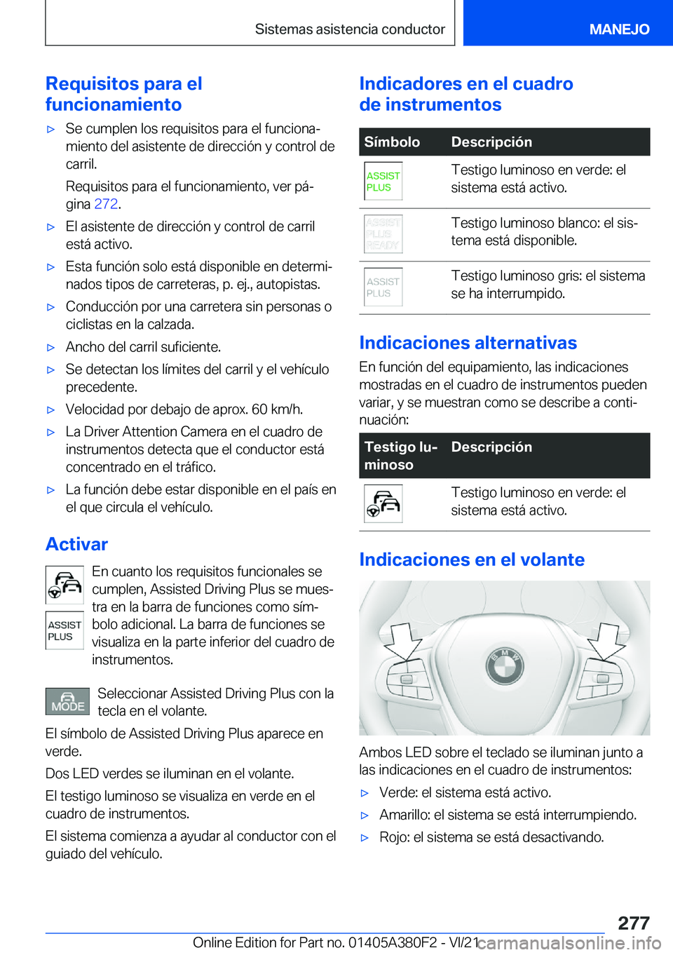 BMW 5 SERIES 2022  Manuales de Empleo (in Spanish) �R�e�q�u�i�s�i�t�o�s��p�a�r�a��e�l
�f�u�n�c�i�o�n�a�m�i�e�n�t�ox�S�e��c�u�m�p�l�e�n��l�o�s��r�e�q�u�i�s�i�t�o�s��p�a�r�a��e�l��f�u�n�c�i�o�n�aª �m�i�e�n�t�o��d�e�l��a�s�i�s�t�e�n�t�e��d�