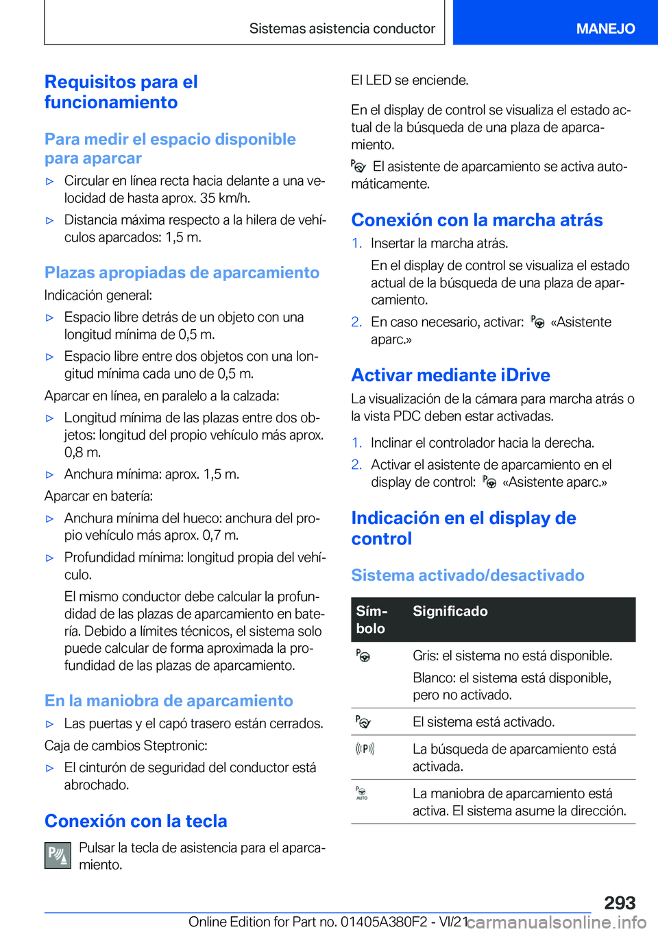 BMW 5 SERIES 2022  Manuales de Empleo (in Spanish) �R�e�q�u�i�s�i�t�o�s��p�a�r�a��e�l
�f�u�n�c�i�o�n�a�m�i�e�n�t�o
�P�a�r�a��m�e�d�i�r��e�l��e�s�p�a�c�i�o��d�i�s�p�o�n�i�b�l�e
�p�a�r�a��a�p�a�r�c�a�rx�C�i�r�c�u�l�a�r��e�n��l�