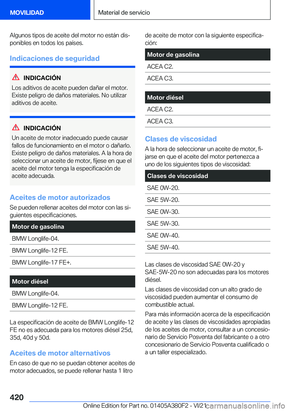BMW 5 SERIES 2022  Manuales de Empleo (in Spanish) �A�l�g�u�n�o�s��t�i�p�o�s��d�e��a�c�e�i�t�e��d�e�l��m�o�t�o�r��n�o��e�s�t�