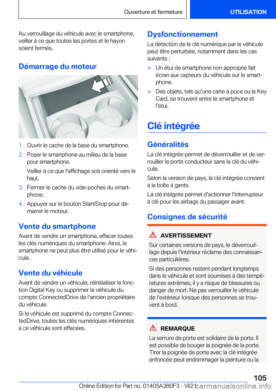 BMW 5 SERIES 2022  Notices Demploi (in French) �A�u��v�e�r�r�o�u�i�l�l�a�g�e��d�u��v�é�h�i�c�u�l�e��a�v�e�c��l�e��s�m�a�r�t�p�h�o�n�e�,�v�e�i�l�l�e�r��