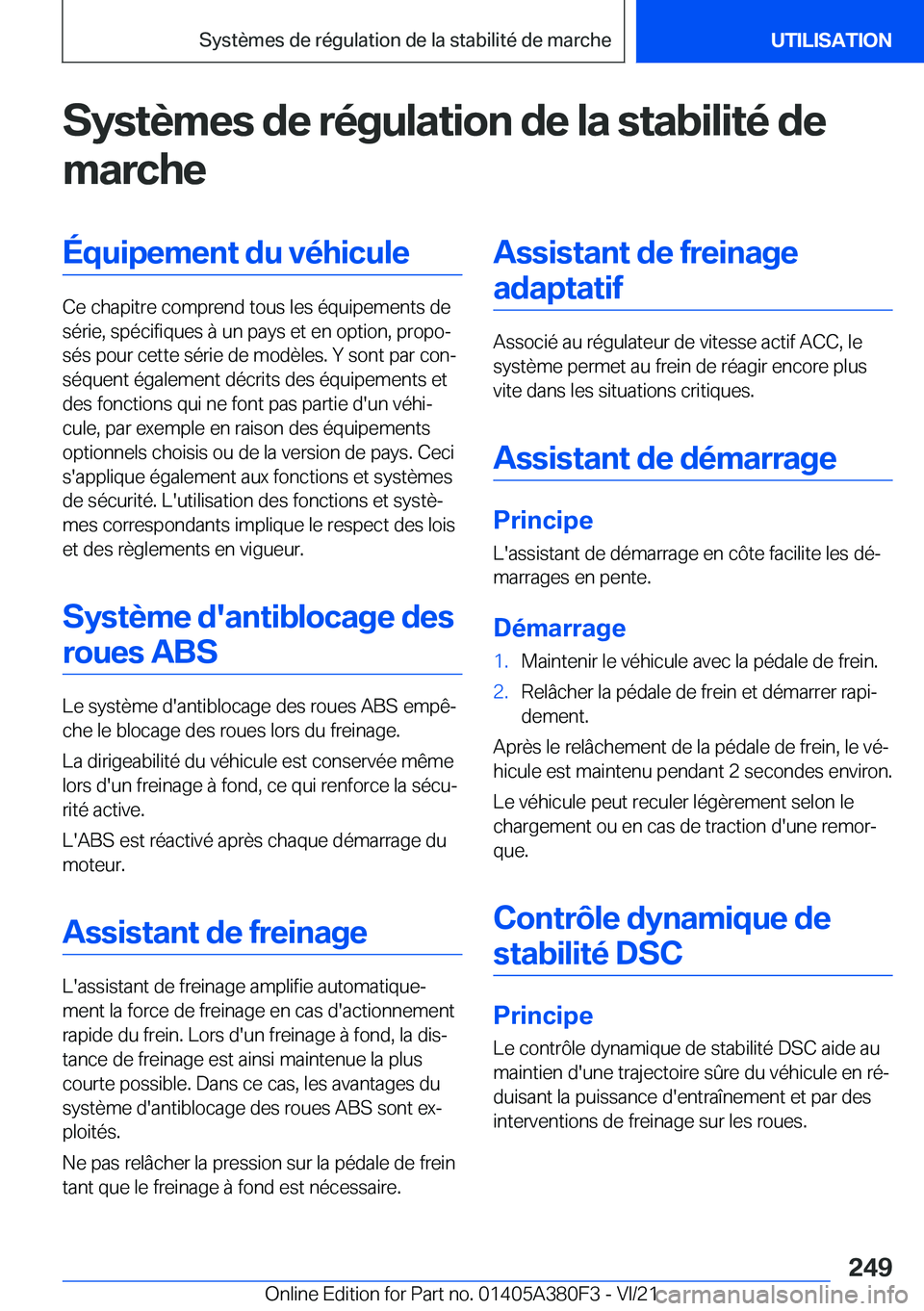 BMW 5 SERIES 2022  Notices Demploi (in French) �S�y�s�t�è�m�e�s��d�e��r�é�g�u�l�a�t�i�o�n��d�e��l�a��s�t�a�b�i�l�i�t�é��d�e�m�a�r�c�h�e�