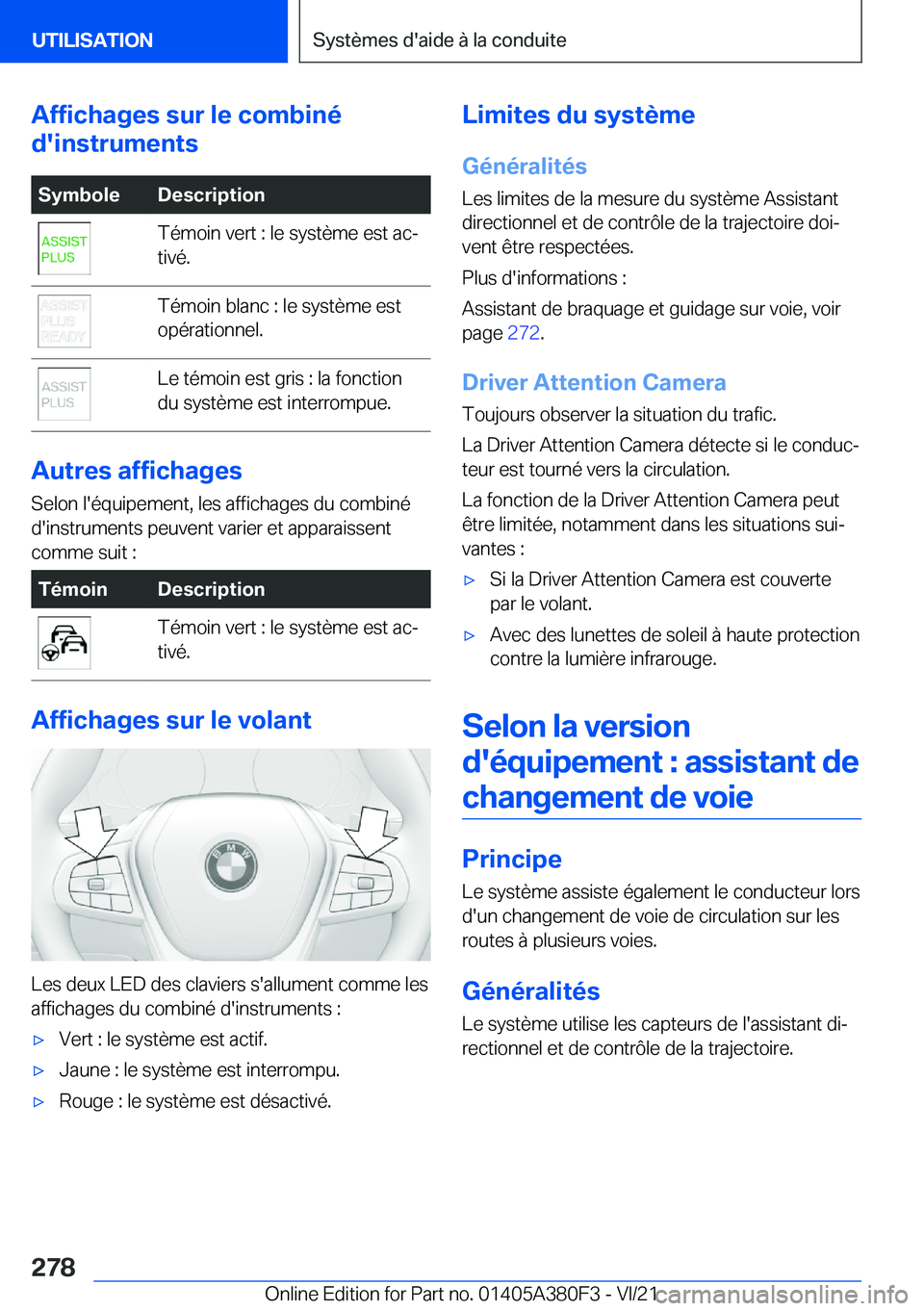 BMW 5 SERIES 2022  Notices Demploi (in French) �A�f�f�i�c�h�a�g�e�s��s�u�r��l�e��c�o�m�b�i�n�é
�d�'�i�n�s�t�r�u�m�e�n�t�s�S�y�m�b�o�l�e�D�e�s�c�r�i�p�t�i�o�n�T�é�m�o�i�n��v�e�r�t��:��l�e��s�y�s�t�è�m�e��e�s�t��a�cj
�t�i�v�é�.�T�