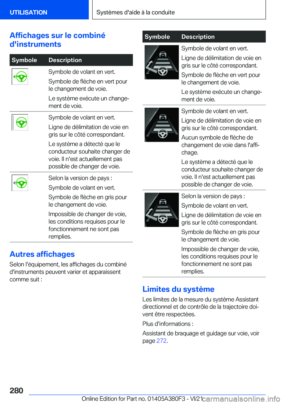 BMW 5 SERIES 2022  Notices Demploi (in French) �A�f�f�i�c�h�a�g�e�s��s�u�r��l�e��c�o�m�b�i�n�é
�d�'�i�n�s�t�r�u�m�e�n�t�s�S�y�m�b�o�l�e�D�e�s�c�r�i�p�t�i�o�n�S�y�m�b�o�l�e��d�e��v�o�l�a�n�t��e�n��v�e�r�t�.
�S�y�m�b�o�l�e��d�e��f�l�è