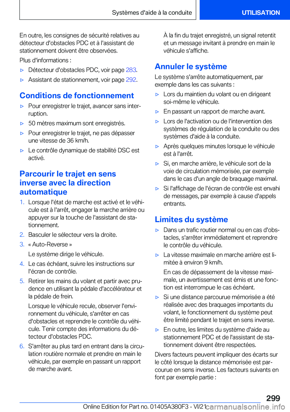 BMW 5 SERIES 2022  Notices Demploi (in French) �E�n��o�u�t�r�e�,��l�e�s��c�o�n�s�i�g�n�e�s��d�e��s�é�c�u�r�i�t�é��r�e�l�a�t�i�v�e�s��a�u
�d�é�t�e�c�t�e�u�r��d�'�o�b�s�t�a�c�l�e�s��P�D�C��e�t��