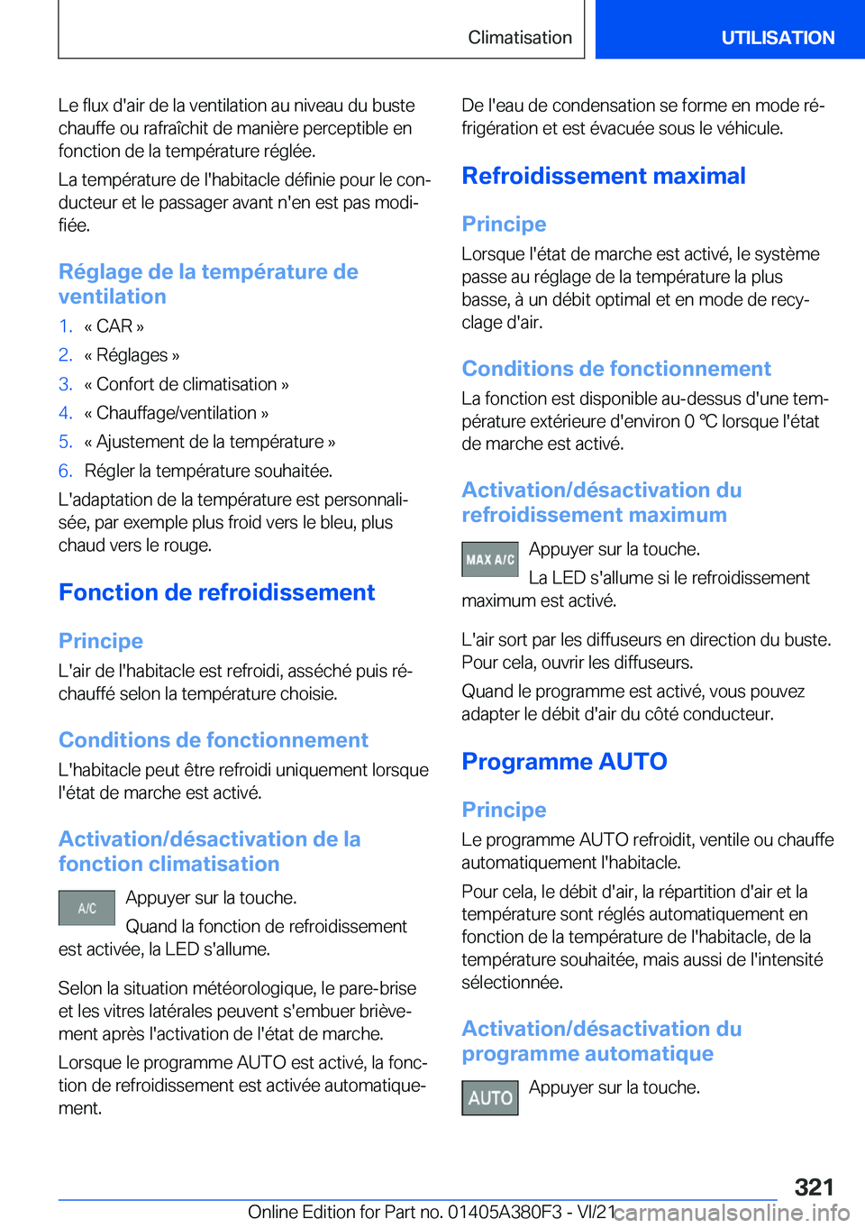 BMW 5 SERIES 2022  Notices Demploi (in French) �L�e��f�l�u�x��d�'�a�i�r��d�e��l�a��v�e�n�t�i�l�a�t�i�o�n��a�u��n�i�v�e�a�u��d�u��b�u�s�t�e
�c�h�a�u�f�f�e��o�u��r�a�f�r�a�