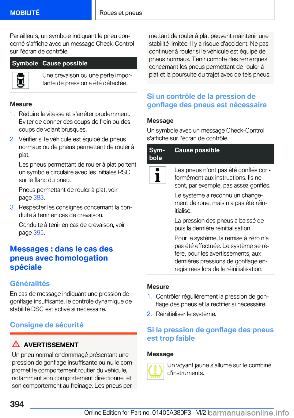 BMW 5 SERIES 2022  Notices Demploi (in French) �P�a�r��a�i�l�l�e�u�r�s�,��u�n��s�y�m�b�o�l�e��i�n�d�i�q�u�a�n�t��l�e��p�n�e�u��c�o�nj�c�e�r�n�é��s�'�a�f�f�i�c�h�e��a�v�e�c��u�n��m�e�s�s�a�g�e��C�h�e�c�k�-�C�o�n�t�r�o�l
�s�u�r��l
