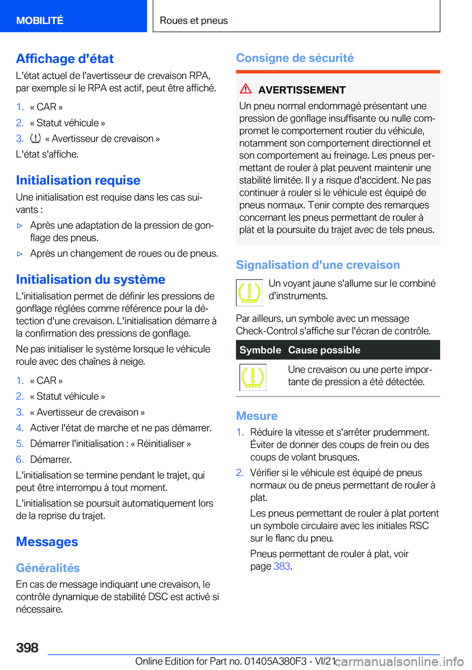 BMW 5 SERIES 2022  Notices Demploi (in French) �A�f�f�i�c�h�a�g�e��d�'�é�t�a�t
�L�'�é�t�a�t��a�c�t�u�e�l��d�e��l�'�a�v�e�r�t�i�s�s�e�u�r��d�e��c�r�e�v�a�i�s�o�n��R�P�A�,
�p�a�r��e�x�e�m�p�l�e��s�i��l�e��R�P�A��e�s�t��a�c