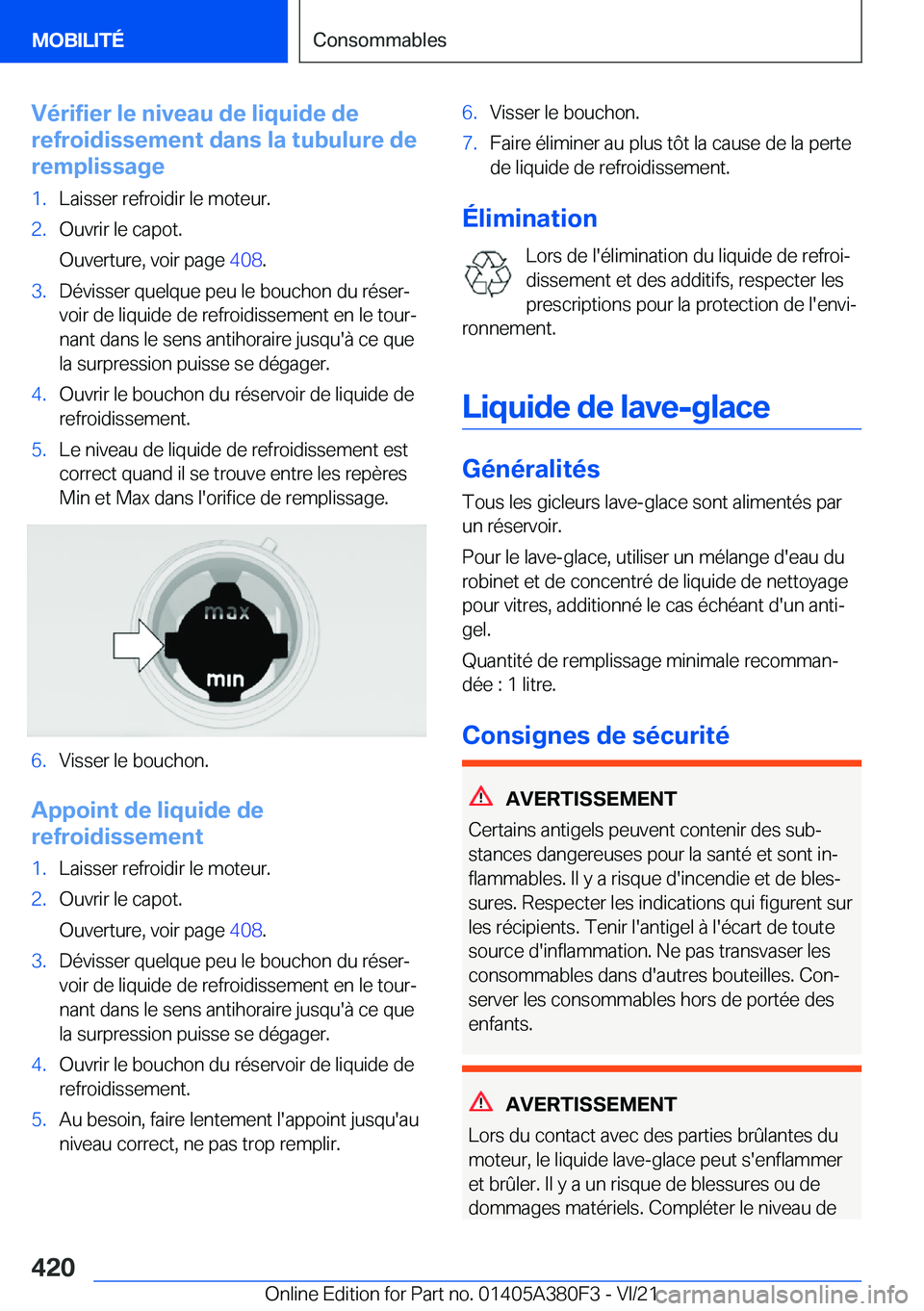 BMW 5 SERIES 2022  Notices Demploi (in French) �V�é�r�i�f�i�e�r��l�e��n�i�v�e�a�u��d�e��l�i�q�u�i�d�e��d�e
�r�e�f�r�o�i�d�i�s�s�e�m�e�n�t��d�a�n�s��l�a��t�u�b�u�l�u�r�e��d�e
�r�e�m�p�l�i�s�s�a�g�e�1�.�L�a�i�s�s�e�r��r�e�f�r�o�i�d�i�r��