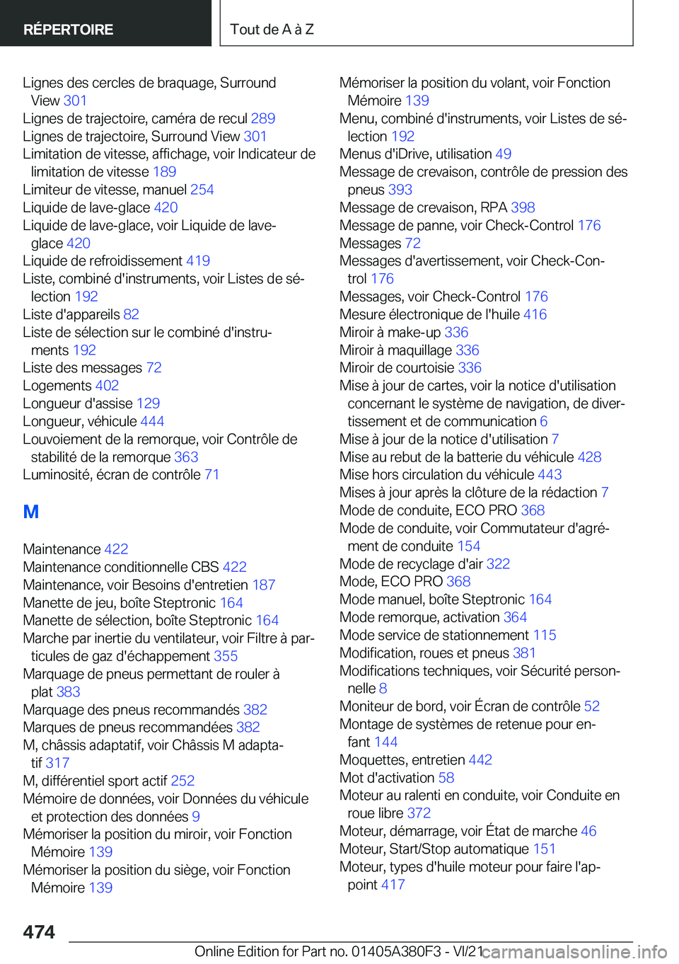 BMW 5 SERIES 2022  Notices Demploi (in French) �L�i�g�n�e�s��d�e�s��c�e�r�c�l�e�s��d�e��b�r�a�q�u�a�g�e�,��S�u�r�r�o�u�n�d�V�i�e�w� �3�0�1�
�L�i�g�n�e�s��d�e��t�r�a�j�e�c�t�o�i�r�e�,��c�a�m�é�r�a��d�e��r�e�c�u�l� �2�8�9�
�L�i�g�n�e�