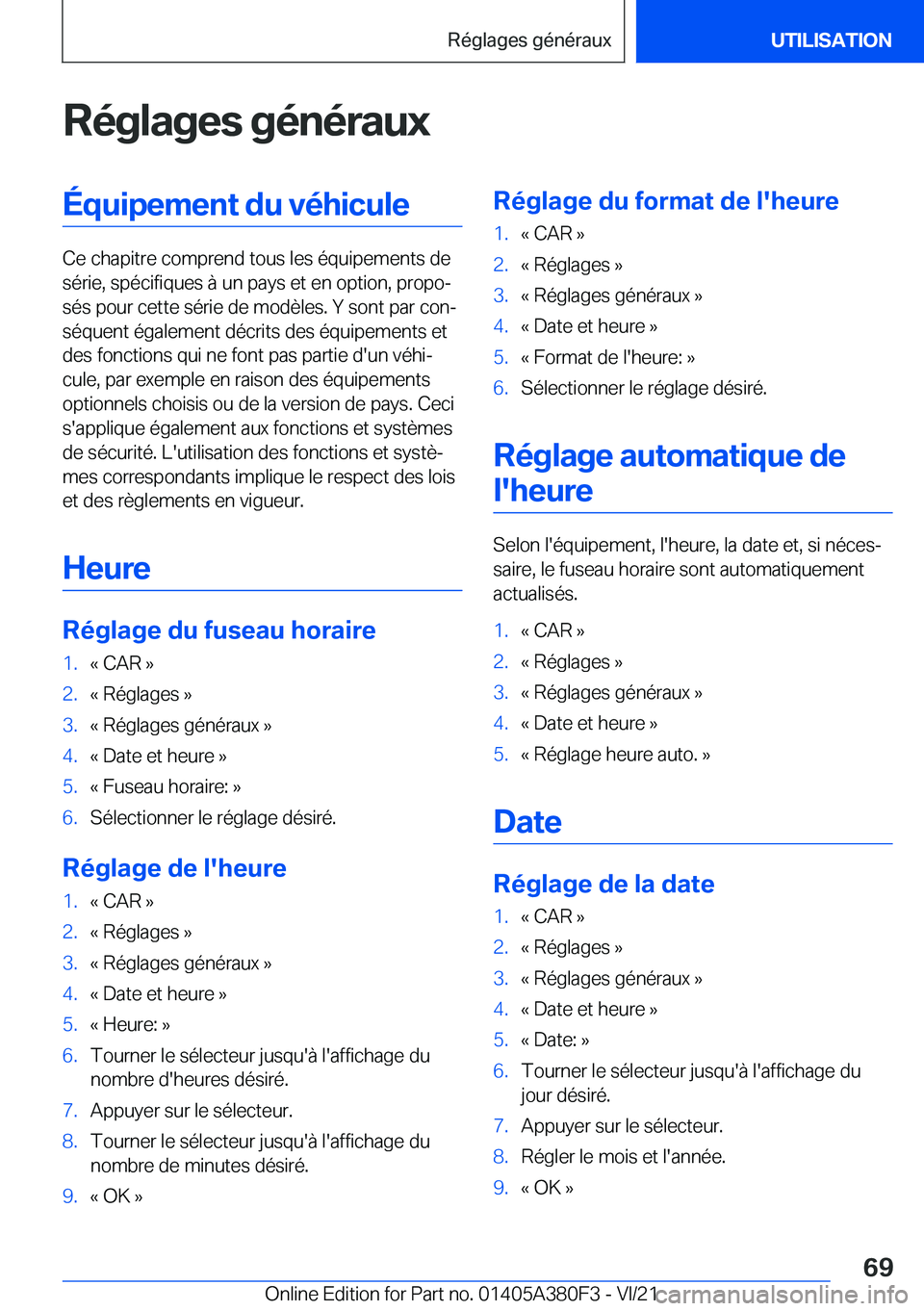 BMW 5 SERIES 2022  Notices Demploi (in French) �R�é�g�l�a�g�e�s��g�é�n�é�r�a�u�x�