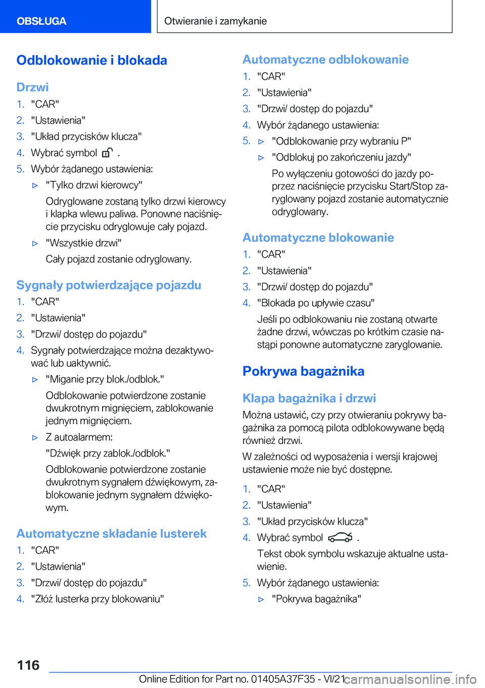 BMW 5 SERIES 2022  Instrukcja obsługi (in Polish) �O�d�b�l�o�k�o�w�a�n�i�e��i��b�l�o�k�a�d�a�D�r�z�w�i�1�.��C�A�R��2�.��U�s�t�a�w�i�e�n�i�a��3�.��U�k�ł�a�d��p�r�z�y�c�i�s�k�