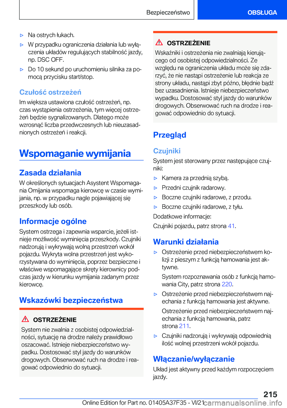 BMW 5 SERIES 2022  Instrukcja obsługi (in Polish) 'x�N�a��o�s�t�r�y�c�h��ł�u�k�a�c�h�.'x�W��p�r�z�y�p�a�d�k�u��o�g�r�a�n�i�c�z�e�n�i�a��d�z�i�a�ł�a�n�i�a��l�u�b��w�y�ł�
