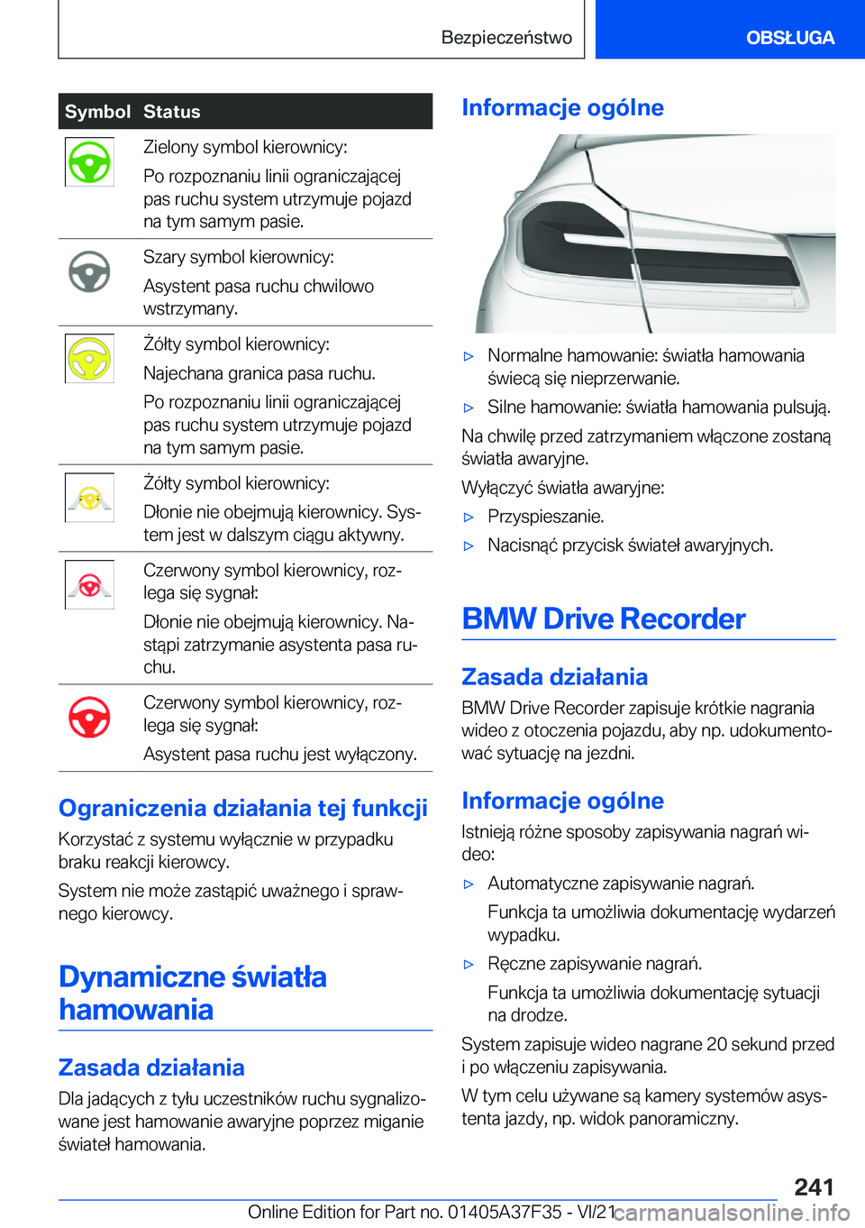 BMW 5 SERIES 2022  Instrukcja obsługi (in Polish) �S�y�m�b�o�l�S�t�a�t�u�s�Z�i�e�l�o�n�y��s�y�m�b�o�l��k�i�e�r�o�w�n�i�c�y�:
�P�o��r�o�z�p�o�z�n�a�n�i�u��l�i�n�i�i��o�g�r�a�n�i�c�z�a�j�