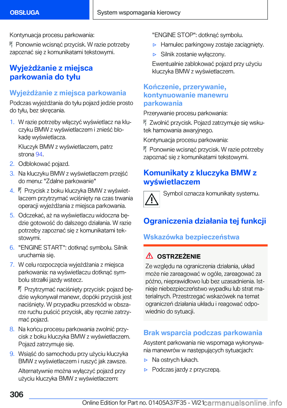 BMW 5 SERIES 2022  Instrukcja obsługi (in Polish) �K�o�n�t�y�n�u�a�c�j�a��p�r�o�c�e�s�u��p�a�r�k�o�w�a�n�i�a�:
���P�o�n�o�w�n�i�e��w�c�i�s�n�