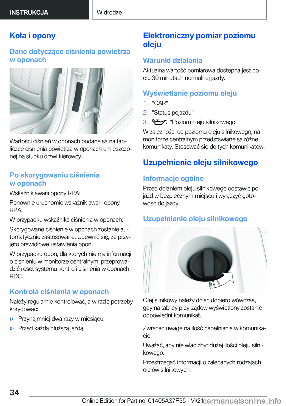 BMW 5 SERIES 2022  Instrukcja obsługi (in Polish) �K�o�ł�a��i��o�p�o�n�y
�D�a�n�e��d�o�t�y�c�z�ą�c�e��c�i�n�i�e�n�i�a��p�o�w�i�e�t�r�z�a
�w��o�p�o�n�a�c�h
�W�a�r�t�o�c�i��c�i�n�i�e�