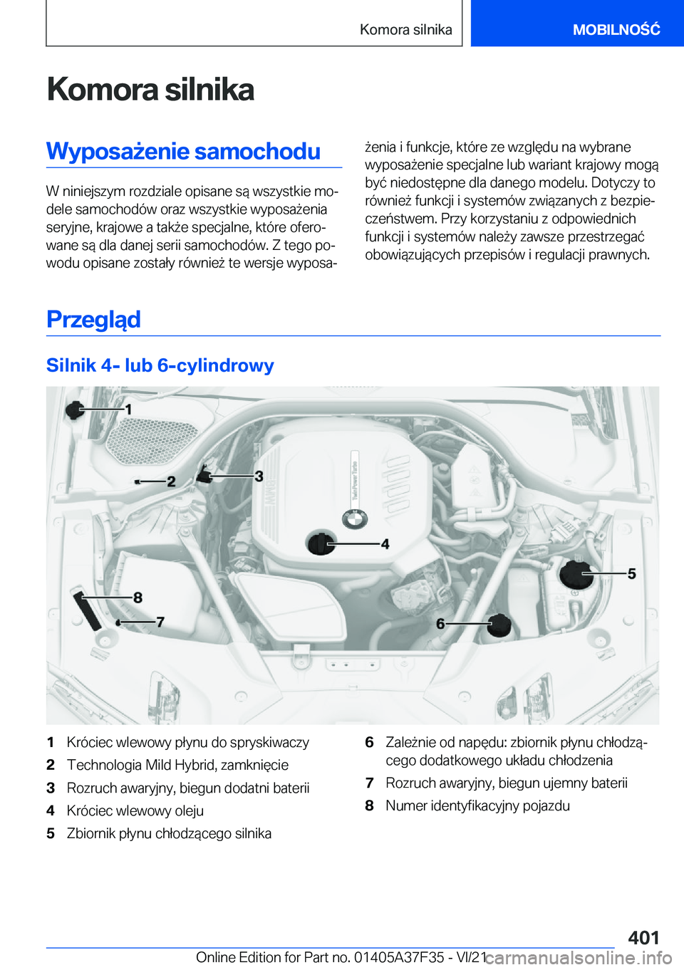 BMW 5 SERIES 2022  Instrukcja obsługi (in Polish) �K�o�m�o�r�a��s�i�l�n�i�k�a�W�y�p�o�s�a9�e�n�i�e��s�a�m�o�c�h�o�d�u
�W��n�i�n�i�e�j�s�z�y�m��r�o�z�d�z�i�a�l�e��o�p�i�s�a�n�e��s�