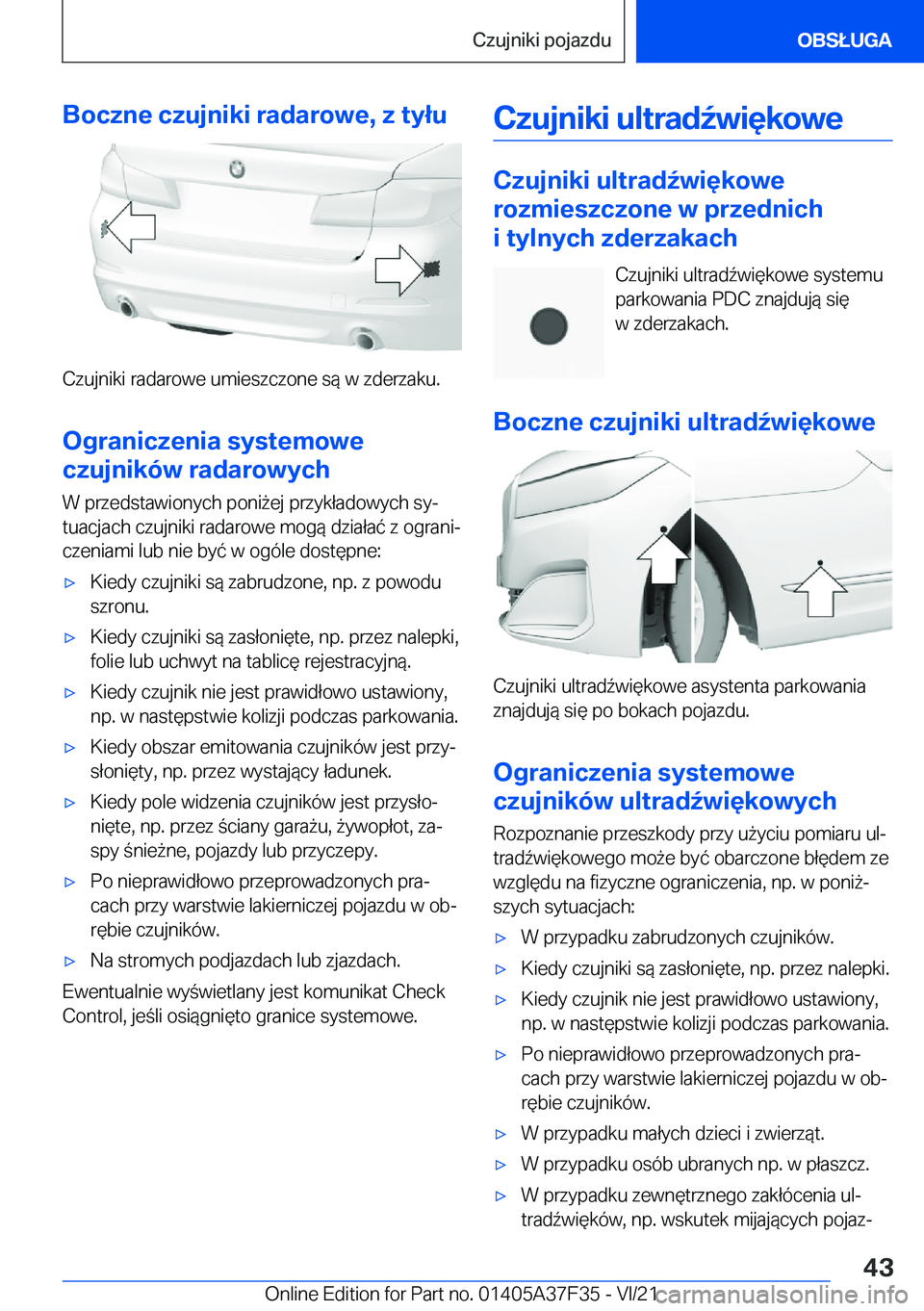 BMW 5 SERIES 2022  Instrukcja obsługi (in Polish) �B�o�c�z�n�e��c�z�u�j�n�i�k�i��r�a�d�a�r�o�w�e�,��z��t�y�ł�u
�C�z�u�j�n�i�k�i��r�a�d�a�r�o�w�e��u�m�i�e�s�z�c�z�o�n�e��s�