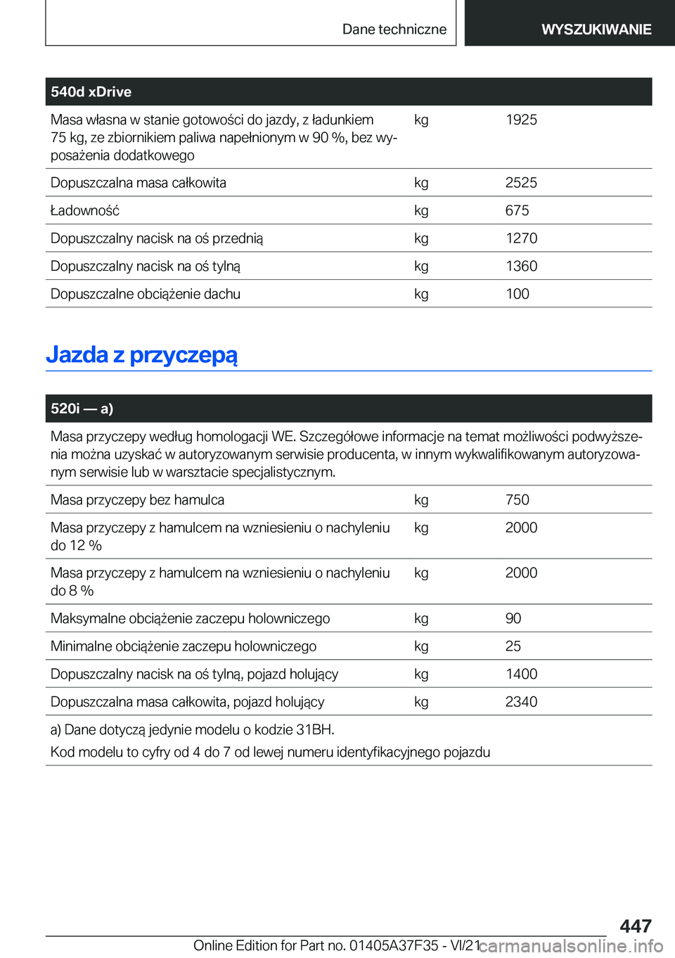 BMW 5 SERIES 2022  Instrukcja obsługi (in Polish) �5�4�0�d��x�D�r�i�v�e�M�a�s�a��w�ł�a�s�n�a��w��s�t�a�n�i�e��g�o�t�o�w�o�c�i��d�o��j�a�z�d�y�,��z��ł�a�d�u�n�k�i�e�m
�7�5��k�g�,��z�e��z�b�i�o�r�n�i�k�i�e�m��p�a�l�i�w�a��n�a�p�e�ł�n
