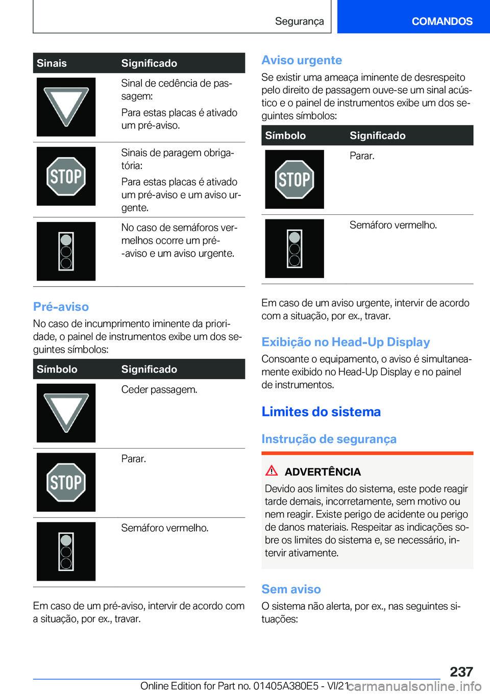 BMW 5 SERIES 2022  Manual do condutor (in Portuguese) �S�i�n�a�i�s�S�i�g�n�i�f�i�c�a�d�o�S�i�n�a�l��d�e��c�e�d�ê�n�c�i�a��d�e��p�a�sª
�s�a�g�e�m�:
�P�a�r�a��e�s�t�a�s��p�l�a�c�a�s��é��a�t�i�v�a�d�o
�u�m��p�r�é�-�a�v�i�s�o�.�S�i�n�a�i�s��d�