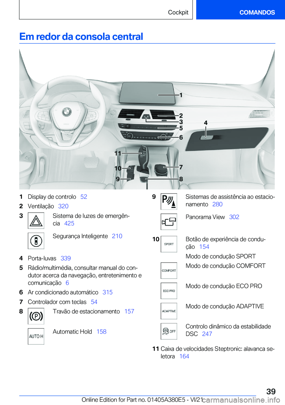 BMW 5 SERIES 2022  Manual do condutor (in Portuguese) �E�m��r�e�d�o�r��d�a��c�o�n�s�o�l�a��c�e�n�t�r�a�l�1�D�i�s�p�l�a�y��d�e��c�o�n�t�r�o�l�o\_�5�2�2�V�e�n�t�i�l�a�
