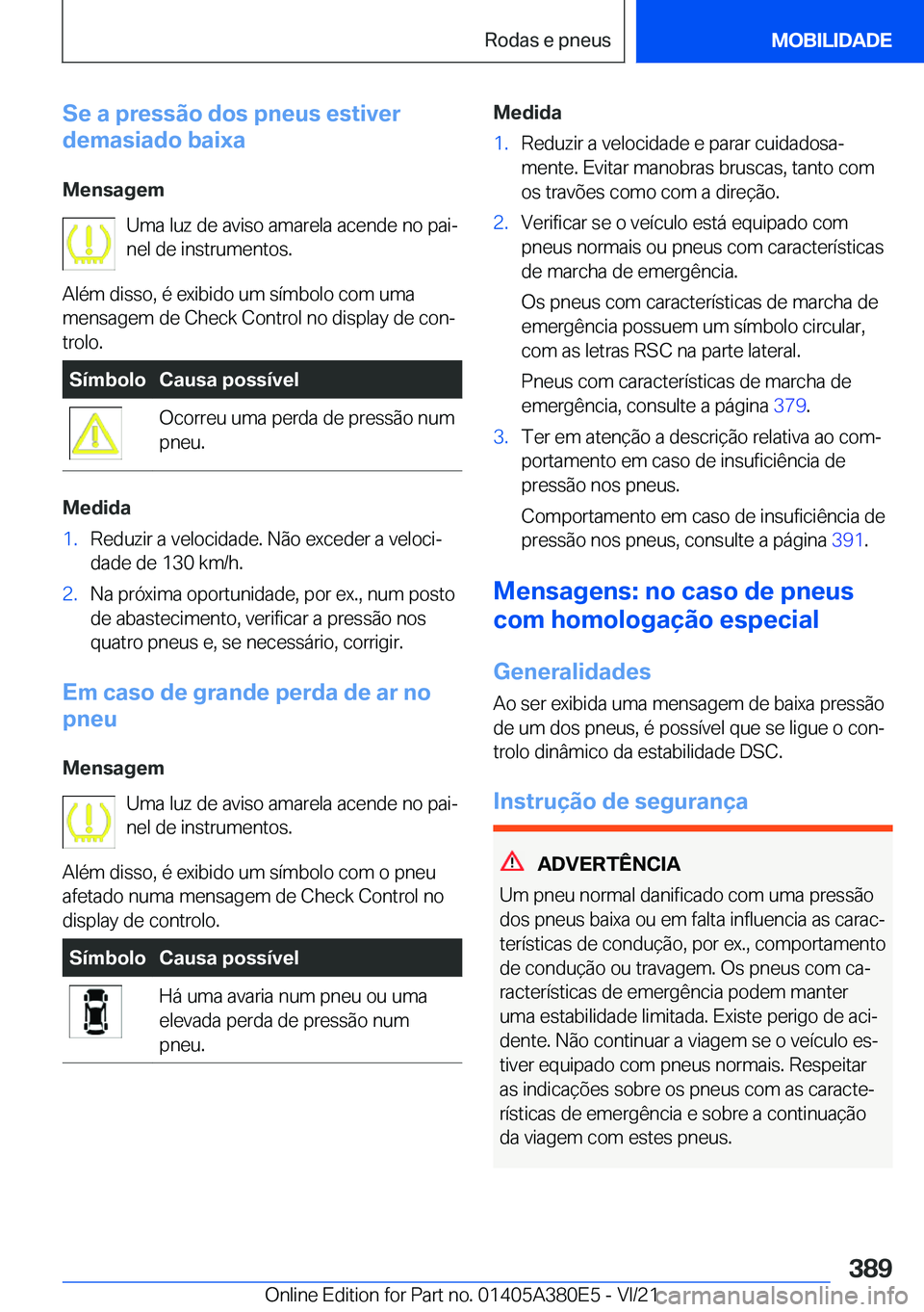 BMW 5 SERIES 2022  Manual do condutor (in Portuguese) �S�e��a��p�r�e�s�s�ã�o��d�o�s��p�n�e�u�s��e�s�t�i�v�e�r
�d�e�m�a�s�i�a�d�o��b�a�i�x�a
�M�e�n�s�a�g�e�m �U�m�a��l�u�z��d�e��a�v�i�s�o��a�m�a�r�e�l�a��a�c�e�n�d�e��n�o��p�a�iª�n�e�l��d�