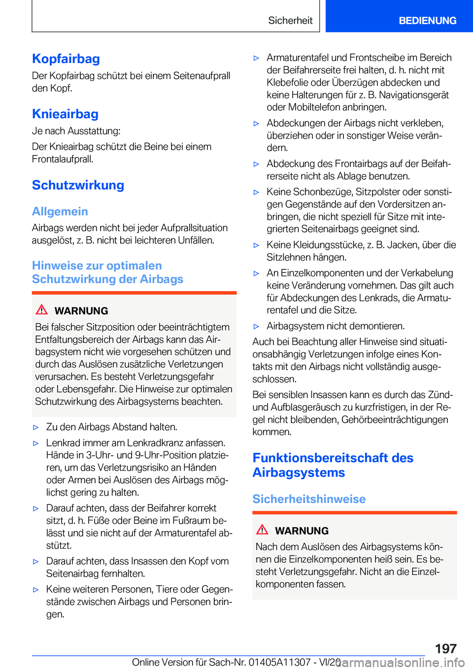 BMW 5 SERIES 2021  Betriebsanleitungen (in German) �K�o�p�f�a�i�r�b�a�g�D�e�r��K�o�p�f�a�i�r�b�a�g��s�c�h�