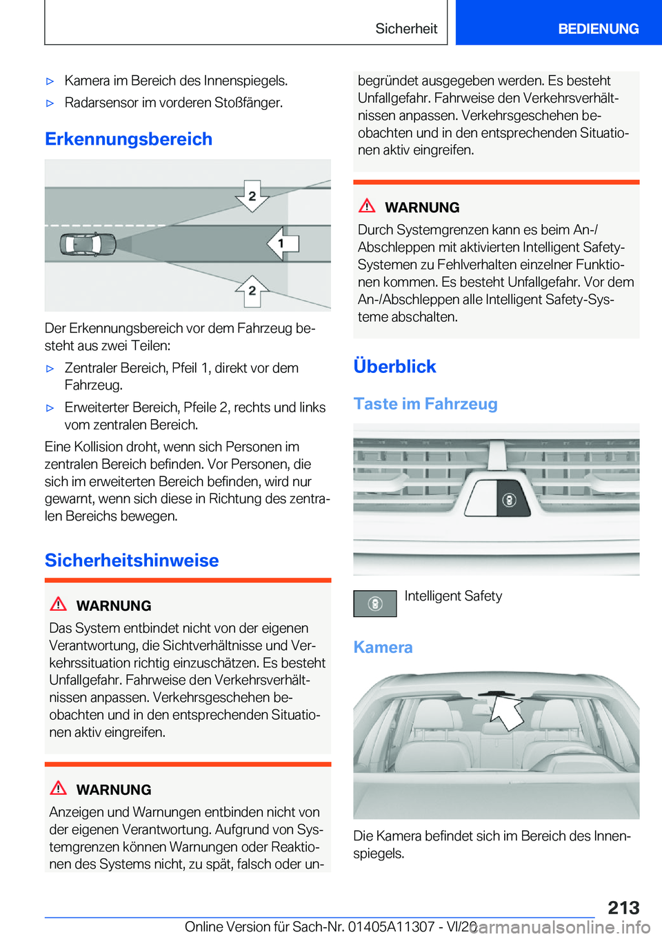 BMW 5 SERIES 2021  Betriebsanleitungen (in German) x�K�a�m�e�r�a��i�m��B�e�r�e�i�c�h��d�e�s��I�n�n�e�n�s�p�i�e�g�e�l�s�.x�R�a�d�a�r�s�e�n�s�o�r��i�m��v�o�r�d�e�r�e�n��S�t�o�