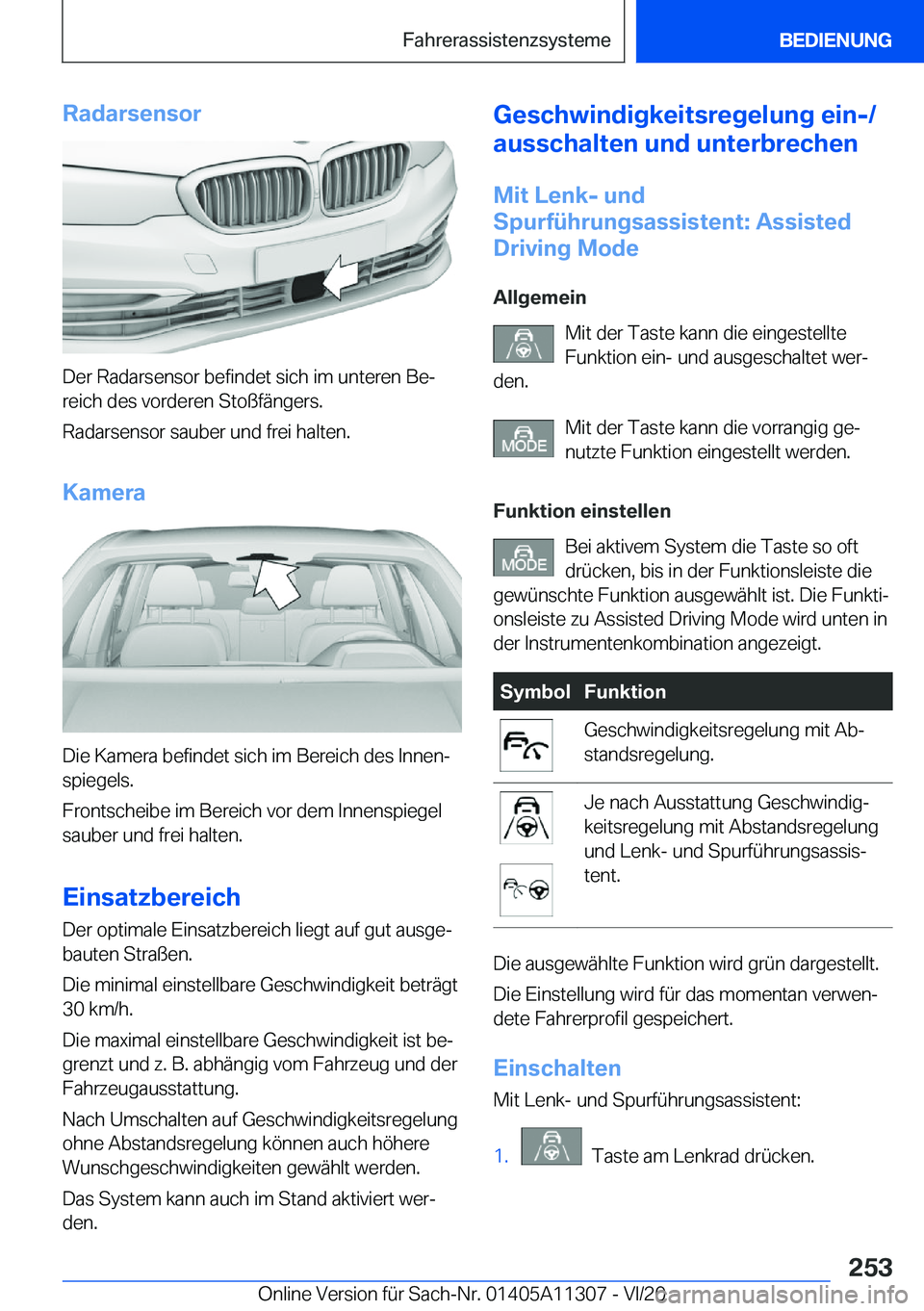 BMW 5 SERIES 2021  Betriebsanleitungen (in German) �R�a�d�a�r�s�e�n�s�o�r
�D�e�r��R�a�d�a�r�s�e�n�s�o�r��b�e�f�i�n�d�e�t��s�i�c�h��i�m��u�n�t�e�r�e�n��B�ej
�r�e�i�c�h��d�e�s��v�o�r�d�e�r�e�n��S�t�o�