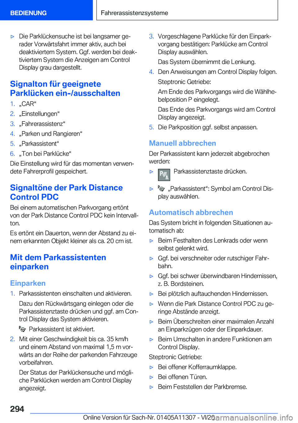 BMW 5 SERIES 2021  Betriebsanleitungen (in German) x�D�i�e��P�a�r�k�l�