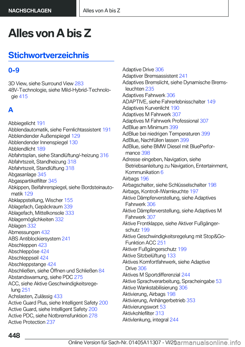 BMW 5 SERIES 2021  Betriebsanleitungen (in German) �A�l�l�e�s��v�o�n��A��b�i�s��Z
�S�t�i�c�h�w�o�r�t�v�e�r�z�e�i�c�h�n�i�s�0�-�9 �3�D��V�i�e�w�,��s�i�e�h�e��S�u�r�r�o�u�n�d��V�i�e�w� �2�8�3�
�4�8�V�-�T�e�c�h�n�o�l�o�g�i�e�,��s�i�e�h�e��M�i