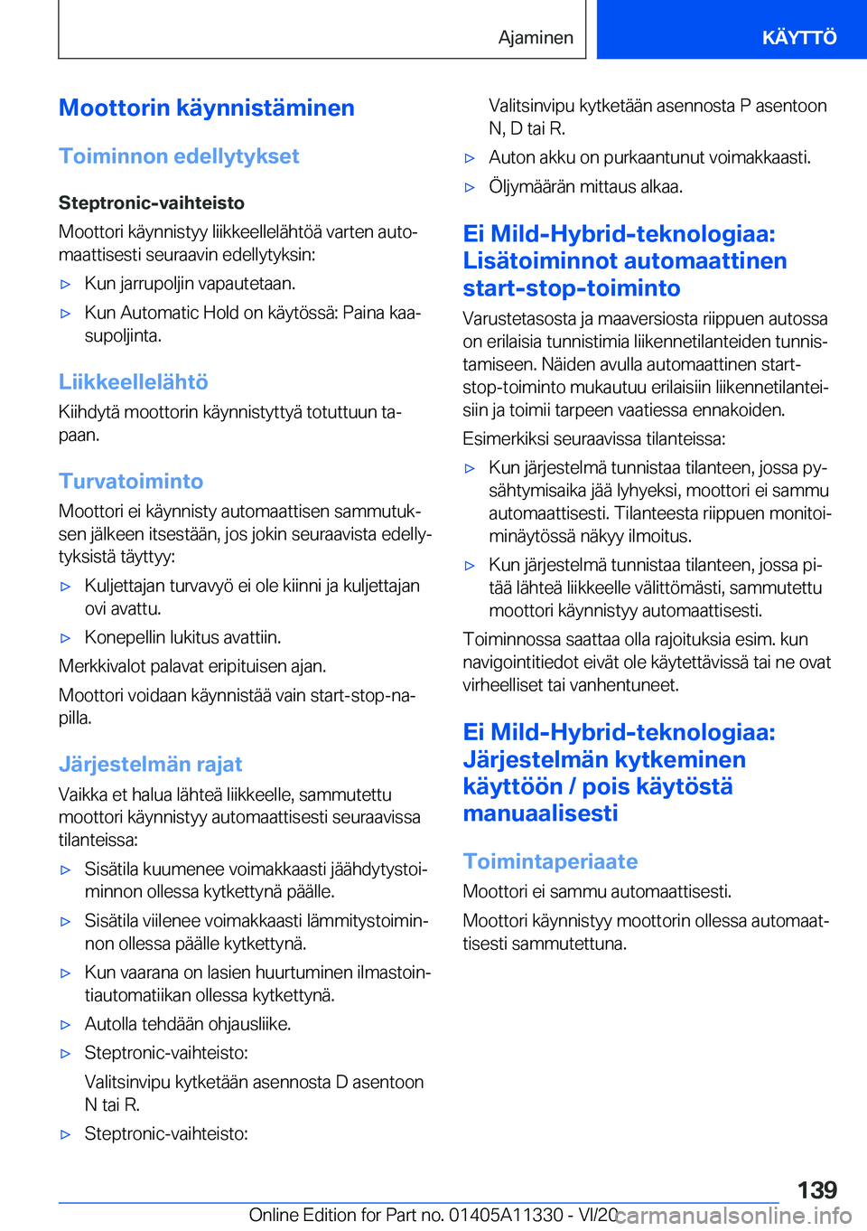 BMW 5 SERIES 2021  Omistajan Käsikirja (in Finnish) �M�o�o�t�t�o�r�i�n��k�