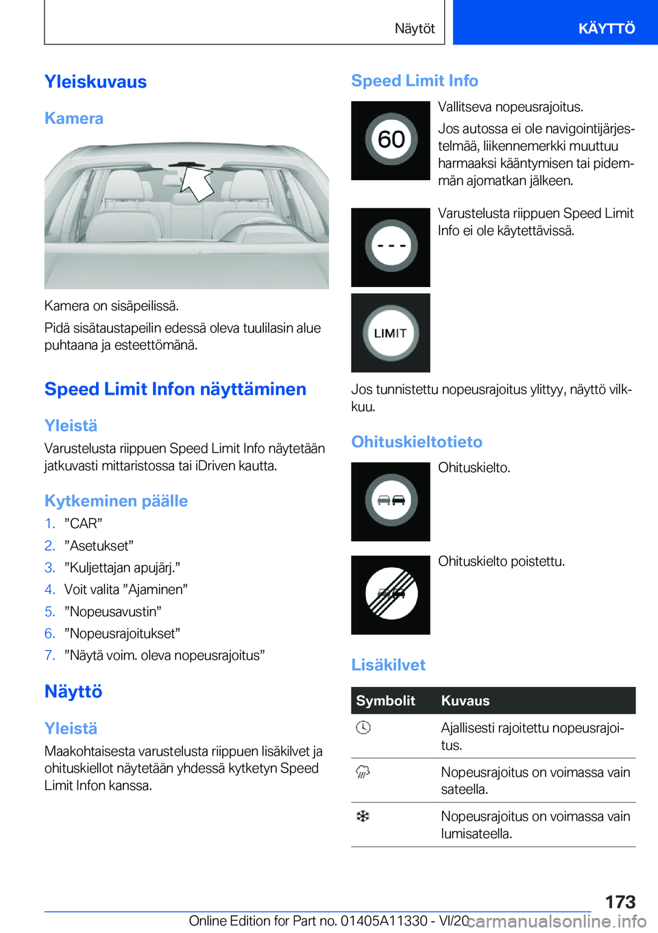 BMW 5 SERIES 2021  Omistajan Käsikirja (in Finnish) �Y�l�e�i�s�k�u�v�a�u�s
�K�a�m�e�r�a
�K�a�m�e�r�a��o�n��s�i�s�