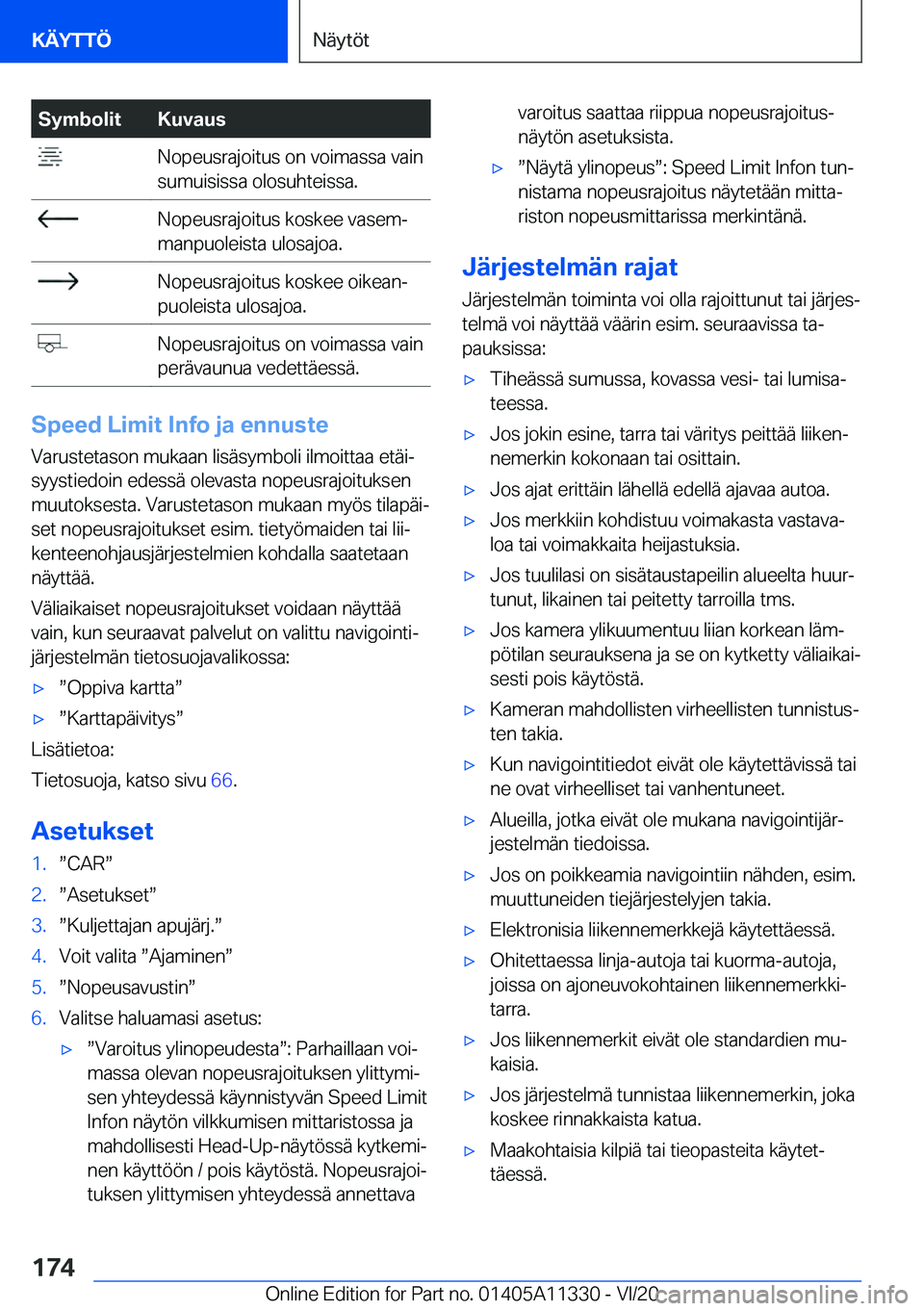 BMW 5 SERIES 2021  Omistajan Käsikirja (in Finnish) �S�y�m�b�o�l�i�t�K�u�v�a�u�s��N�o�p�e�u�s�r�a�j�o�i�t�u�s��o�n��v�o�i�m�a�s�s�a��v�a�i�n
�s�u�m�u�i�s�i�s�s�a��o�l�o�s�u�h�t�e�i�s�s�a�.��N�o�p�e�u�s�r�a�j�o�i�t�u�s��k�o�s�k�e�e��v�a�s�e�mj
