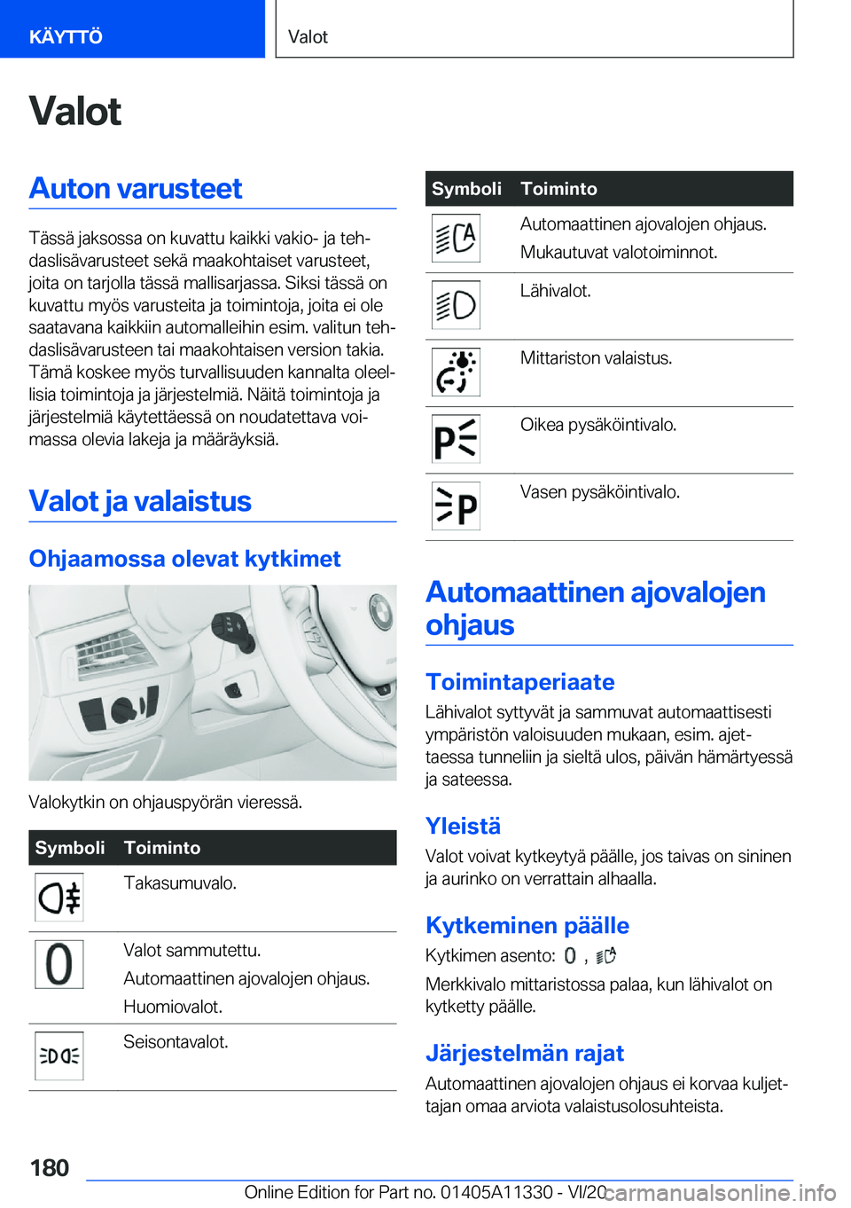 BMW 5 SERIES 2021  Omistajan Käsikirja (in Finnish) �V�a�l�o�t�A�u�t�o�n��v�a�r�u�s�t�e�e�t
�T�