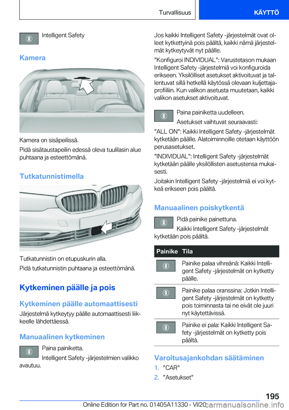 BMW 5 SERIES 2021  Omistajan Käsikirja (in Finnish) �I�n�t�e�l�l�i�g�e�n�t��S�a�f�e�t�y
�K�a�m�e�r�a
�K�a�m�e�r�a��o�n��s�i�s�