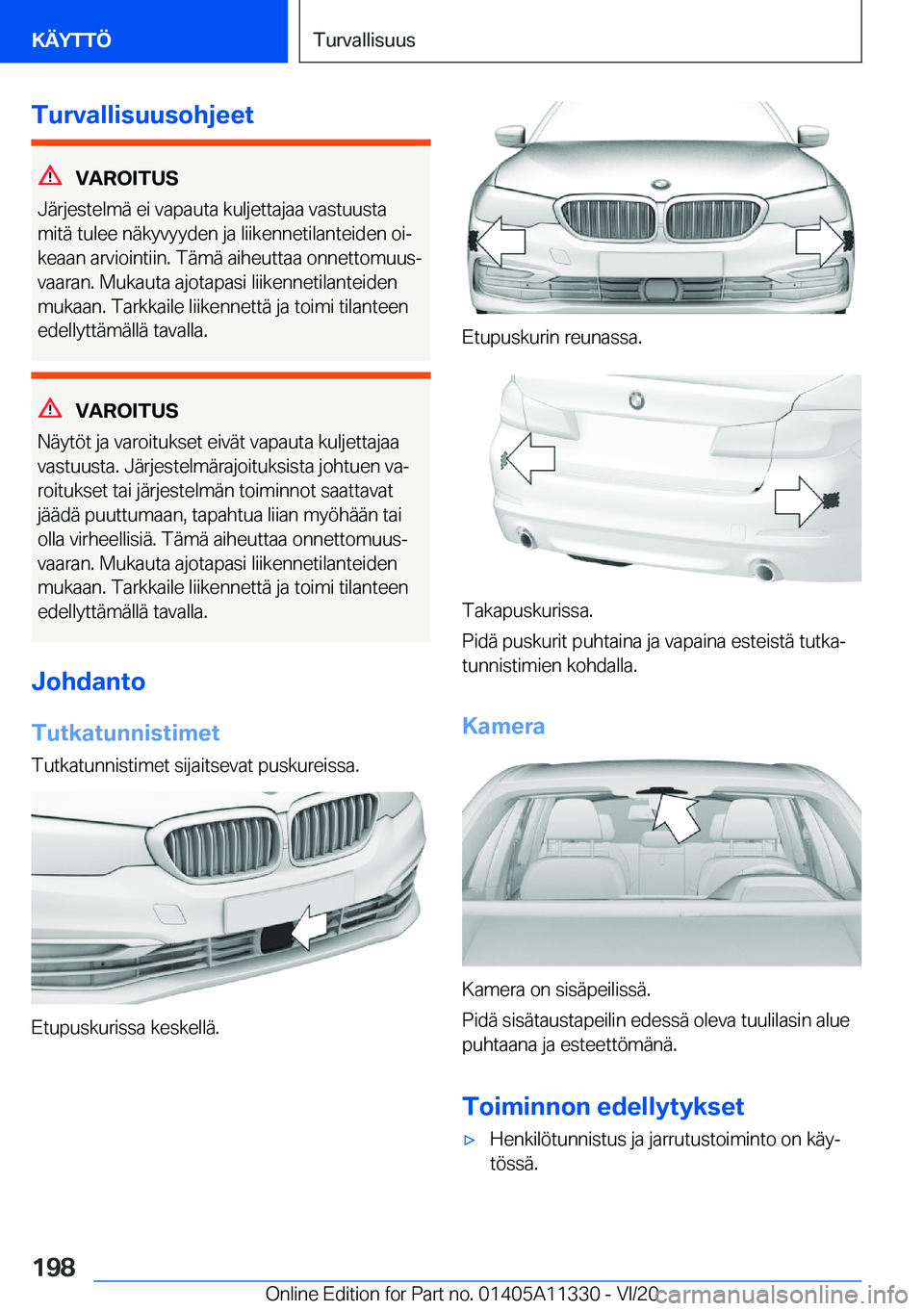 BMW 5 SERIES 2021  Omistajan Käsikirja (in Finnish) �T�u�r�v�a�l�l�i�s�u�u�s�o�h�j�e�e�t
�V�A�R�O�I�T�U�S
�J�