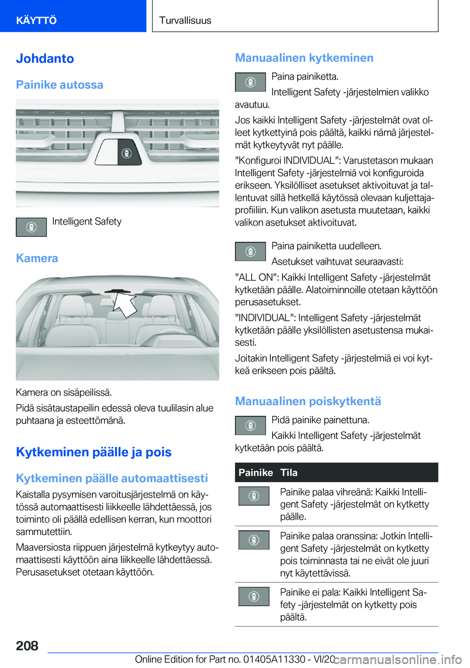 BMW 5 SERIES 2021  Omistajan Käsikirja (in Finnish) �J�o�h�d�a�n�t�o
�P�a�i�n�i�k�e��a�u�t�o�s�s�a
�I�n�t�e�l�l�i�g�e�n�t��S�a�f�e�t�y
�K�a�m�e�r�a
�K�a�m�e�r�a��o�n��s�i�s�
