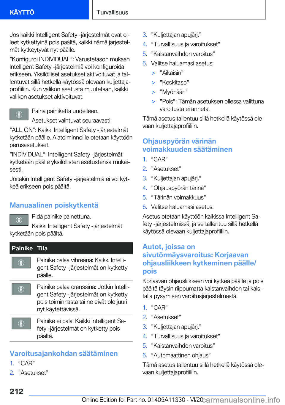 BMW 5 SERIES 2021  Omistajan Käsikirja (in Finnish) �J�o�s��k�a�i�k�k�i��I�n�t�e�l�l�i�g�e�n�t��S�a�f�e�t�y��-�j�