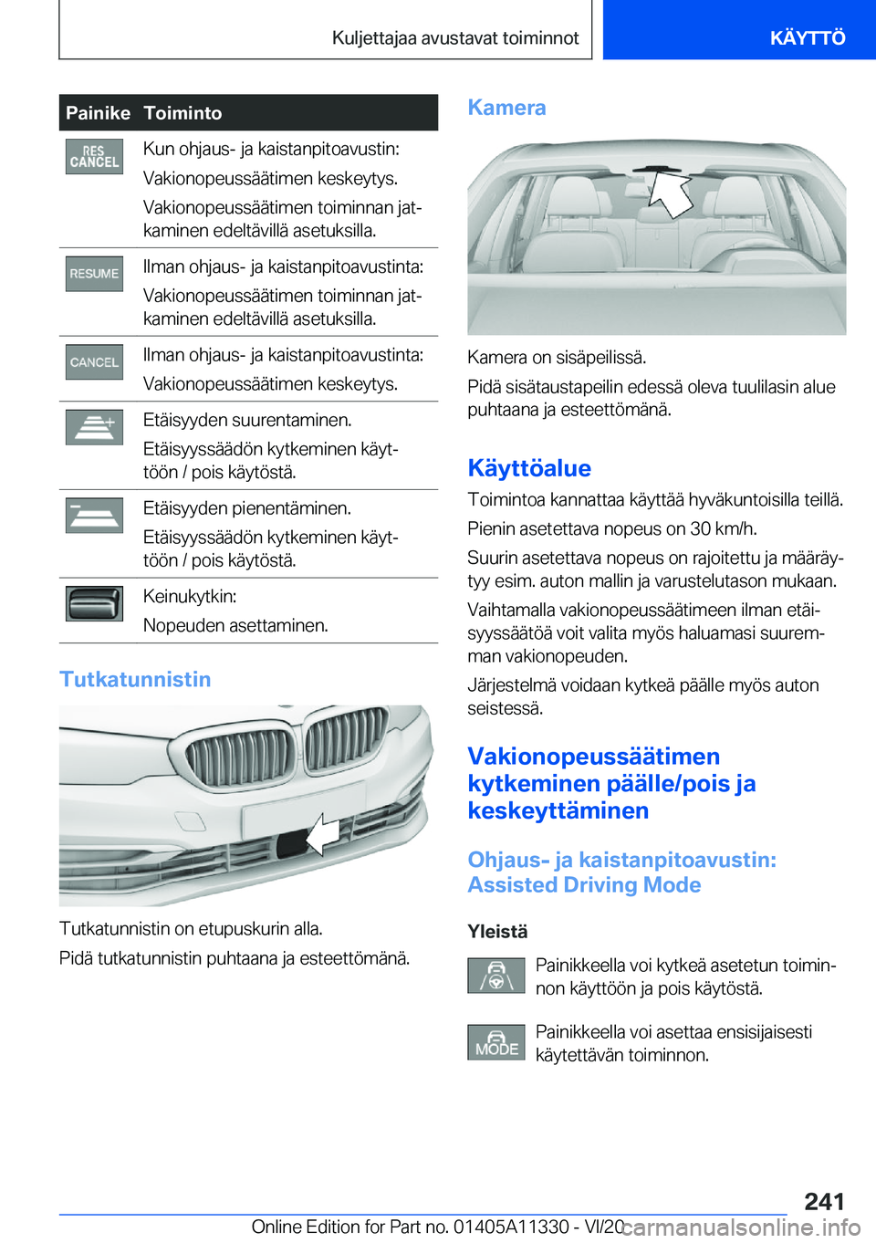 BMW 5 SERIES 2021  Omistajan Käsikirja (in Finnish) �P�a�i�n�i�k�e�T�o�i�m�i�n�t�o�K�u�n��o�h�j�a�u�s�-��j�a��k�a�i�s�t�a�n�p�i�t�o�a�v�u�s�t�i�n�:
�V�a�k�i�o�n�o�p�e�u�s�s�