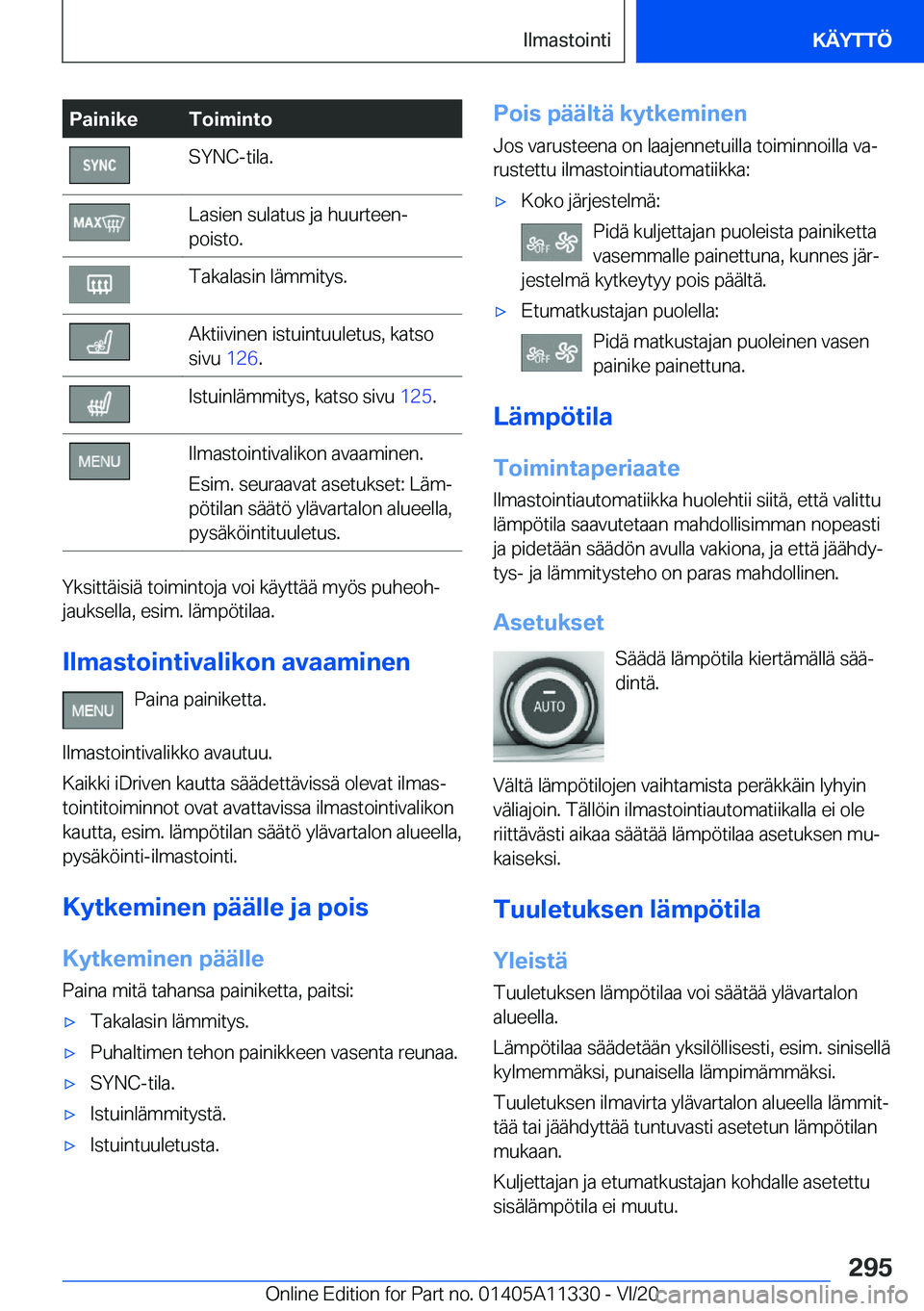 BMW 5 SERIES 2021  Omistajan Käsikirja (in Finnish) �P�a�i�n�i�k�e�T�o�i�m�i�n�t�o�S�Y�N�C�-�t�i�l�a�.�L�a�s�i�e�n��s�u�l�a�t�u�s��j�a��h�u�u�r�t�e�e�nj
�p�o�i�s�t�o�.�T�a�k�a�l�a�s�i�n��l�