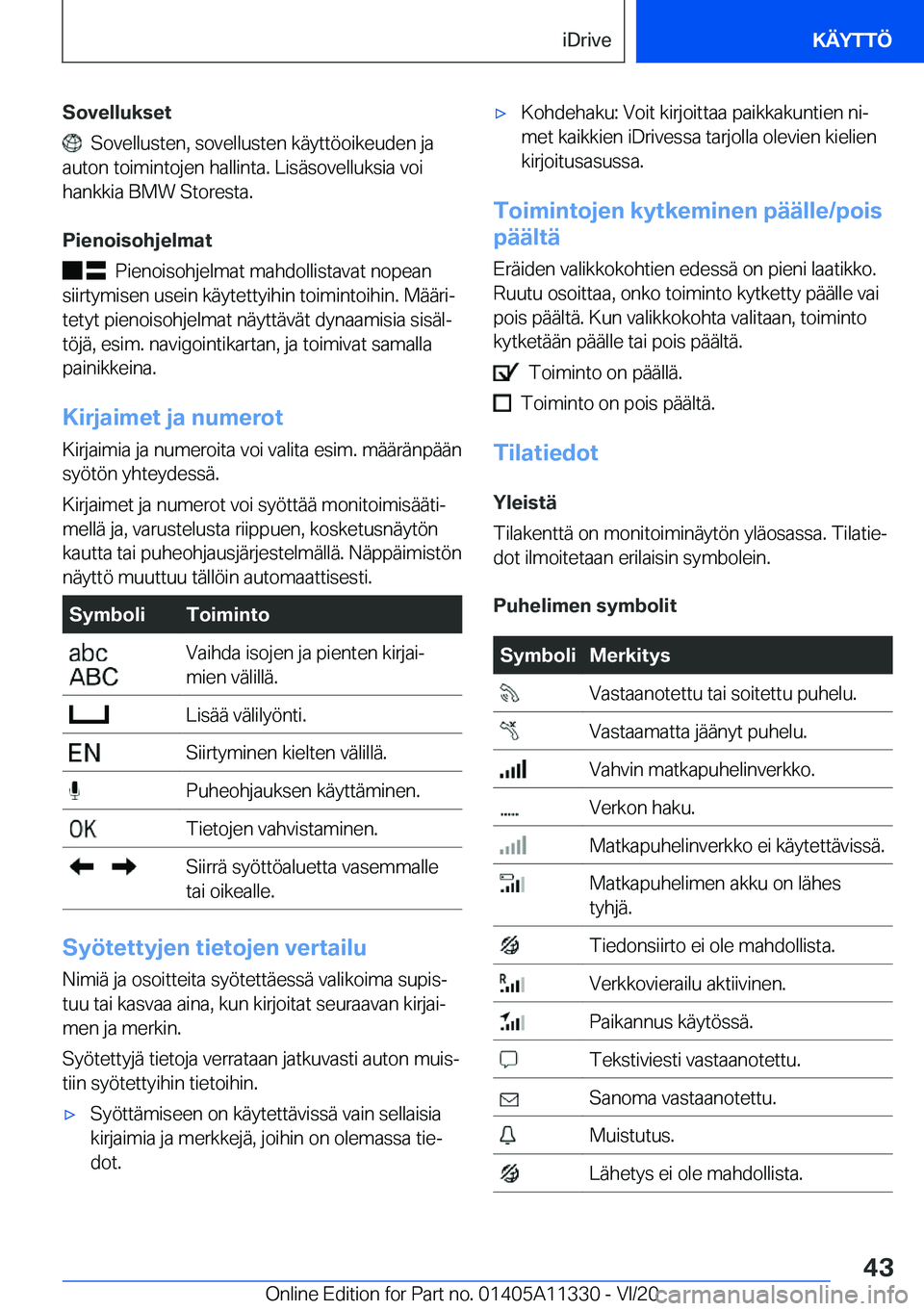 BMW 5 SERIES 2021  Omistajan Käsikirja (in Finnish) �S�o�v�e�l�l�u�k�s�e�t
���S�o�v�e�l�l�u�s�t�e�n�,��s�o�v�e�l�l�u�s�t�e�n��k�