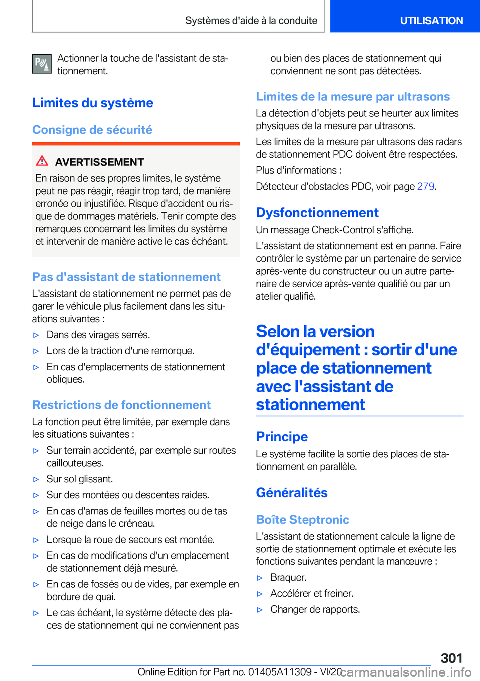 BMW 5 SERIES 2021  Notices Demploi (in French) �A�c�t�i�o�n�n�e�r��l�a��t�o�u�c�h�e��d�e��l�'�a�s�s�i�s�t�a�n�t��d�e��s�t�aj
�t�i�o�n�n�e�m�e�n�t�.
�L�i�m�i�t�e�s��d�u��s�y�s�t�è�m�e
�C�o�n�s�i�g�n�e��d�e��s�é�c�u�r�i�t�é
�A�V�E�