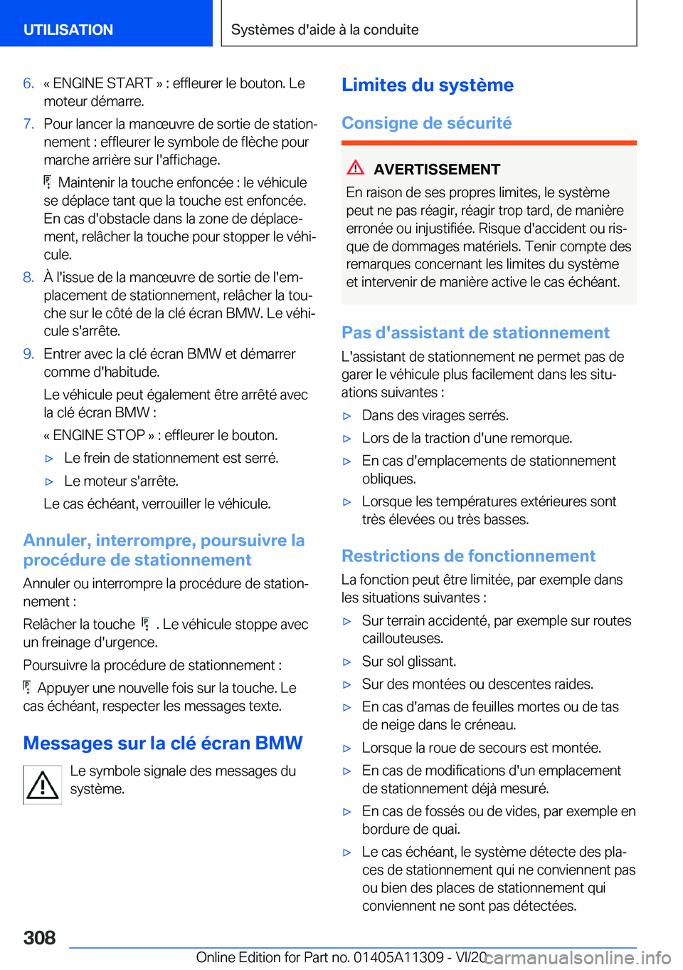 BMW 5 SERIES 2021  Notices Demploi (in French) �6�.�k��E�N�G�I�N�E��S�T�A�R�T��{��:��e�f�f�l�e�u�r�e�r��l�e��b�o�u�t�o�n�.��L�e�m�o�t�e�u�r��d�é�m�a�r�r�e�.�7�.�P�o�u�r��l�a�n�c�e�r��l�a��m�a�n�